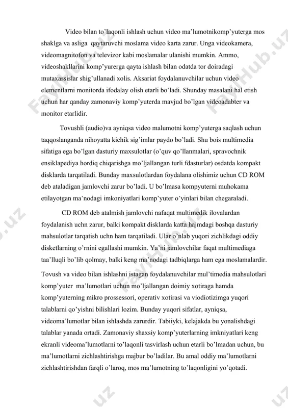 r. tabiiyki, kelajakda bu yonalishdagi talablar yanada ortadi. zamonaviy shaxsiy komp’yuterlarning imkniyatlari keng ekranli videoma’lumotlarni to’laqonli tasvirlash uchun etarli bo’lmadan uchun, bu ma’lumotlarni zichlashtirishga majbur bo’ladilar. bu amal oddiy ma’lumotlarni zichlashtirishdan farqli o’laroq, mos ma’lumotning to’laqonligini yo’qotadi. videomagnitofonlarni zichlashtirish uchun texnik hamda dasturiy vositalar mavjud, audioma'lum’tlarni ham zichlashtirish mumkin, mos hakjmlar katta bo’lmagani uchun bu amal uncha dolzarb emas. aksariyat foydalanuvchilarni qanoatlantiruvchi minimal ilovalar, tovush va video bilan ishlashga mo’ljallangan bir qator dasturiy vositalar majmuasi bevosita windowsda mavjud. biz bu ilovalardan foydalanish tarkibi bilan tanishib chiqamiz. ular tovush va musiqali konmpakt disklar, ya’ni cd disklar, tovushli fayllarni tinglashni, yozishni va tahrir qilishni, videokliplarni ko’rishni, turli manbaalardagi signallarni tutashtirishni, ularning balandligi majmuasi va tembrimi belgilash imkonini beradi. cd pleyer dasturi vositasida tovushli kompakt disklarni tinglash mumkin.cd rom turidagi jamlovchilarni yaratilishidan avval kuy, musiqiy va tovushli kompozisiyalar kabi asarlar yozilgan kmpakt disklar cd-ifodalovchi vositasida tinglanar edi. hozirgi vaqtda o’zimiz yoqtiradigan musiqiy asarni …