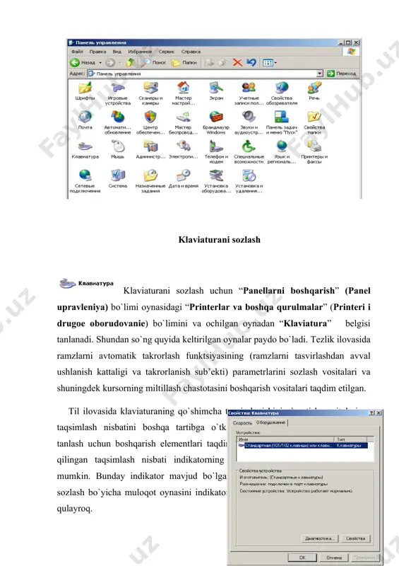 printer sozlanmagan bo`lsa, u holda “printerni sozlash”(ustanovka printera) bo`limidan sozlanayotgan printerni qaysi portga ulash, uning nomi va turi haqidagi ma`lumotlarni kiritiladi. ma`lumotlar kiritilishida “keyingi” (dalee) tugmachasi bosilib amalga oshiriladi. barcha amallar bajarilganidan keyin “tayyor”(gotovo) tugmachasi bosiladi. skaner va kameralarni sozlash skaner va kameralarni sozlash uchun ham xuddi yuqorida sanab o`tilgan bosqichlar bajariladi. ushbu belgi tanlab bosiladi va skaner va kameralarni sozlash oynasi ochiladi. “keyingi” (dalee) tugmachasi bosish orqali ularning nomi va turlari, shu bilan birga ulanadigan porti aniqlanib, “tayyor” (gotovo) tugmachasi bosilib, qurulmalar sozlanadi. telefon va modemni sozlash telefon va modem sozlanish davrida foydalanuvchidan uning joylashgan hududi(mamlakat)ni, sahar kordi va telefon raqamini kiritishni so`raydi. shundan so`ng ok tugmachasi bosiladi. ish stоlining mаvzulаrini sоzlаsh ish stоlining mаvzulаri ish stоlining ko`rinishini, uning uslubini, oynalаr vа hоkаzоlаrni tаshqi ko`rinishini sоzlаydi, tаrtibgа kеltirаdi. buning uchun “panellarni boshqarish” (panel upravleniya) bo`limi oynasidagi “jixozlash va mavzular” (oformlenie i temi) bo`limini tanlab, shu bo`lim orqali “ish stoli”, …