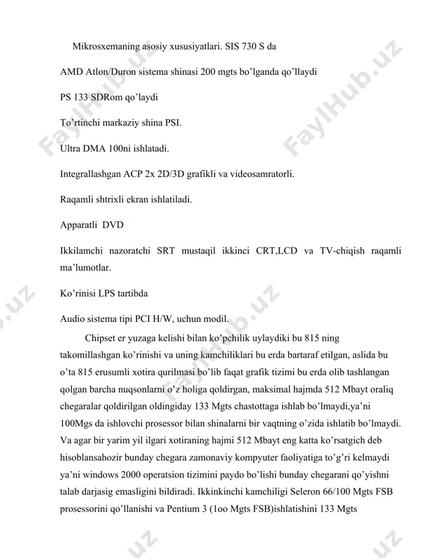 pcning yangi variantini ishlab chiqarishga hojat qolmaydi. shu bilan bir vaqtda yangi platalarni ishlab chiqarish vaqti va tannarxi kamayadi. ko’pchilikning fikriga ko’ra intel815 e/ep chipsetining mehnat unumdorligi 443 bx nikiga nisbatan hali ko’tarilgan emas. hatto fsb 133 mgs xotirani qo’llash bilan ham haqiqatdan ham bu haqda agp chastotasi bx ning 133 (213) 88 mgs standart chastotalar hisoblanmaydi. kio’pchilik zamonaviy platalar hozir ham shunday chastotada ishlaydilar. 815 e/ep chi9psetida intel muhandislari agp uchun taqsimlagichni o’rnatganlari natijasida 133 mgsli tizim muvaffaqiyatli ishlab kelmoqda. 815 e/ep chipset uchta asosiy tashkil etuvchilardan iboratdir va sxematik ko’rinishda quyidagicha: kalitning noma’lum xatoliklari bunga 82815ep mikrosxema misol bo’ladi. chipsetning xususiyatlari: tizimli shina va protsessor -intel pentium va intel celeronlar resurslarga o’rnatilgan; -socket 751 ajratuvchi protsessor; -32 razryadli tizimli shina qiymatlar vca bosahqaruv interfeyslarini to’plami; -tizimli shinalarda keladigan to’rtta bir-biriga bog’liq bo’lmagan buyurtmalarga xizmat qiluvchi konveyerni tashkil etish; bir protsessorli tizimni tahskil etish imkoniyatini yaratish; -usb ning to’rtta …