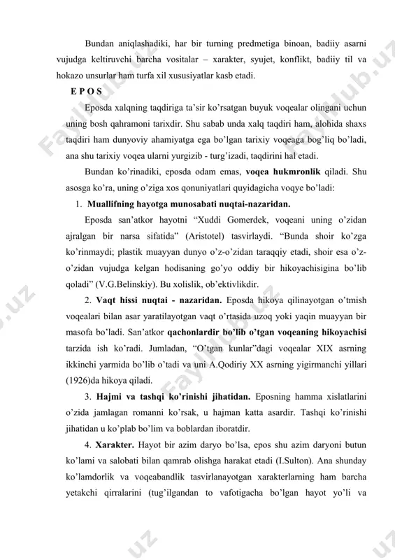 day ko’lamdorlik va voqeabandlik tasvirlanayotgan xarakterlarning ham barcha yetakchi qirralarini (tug’ilgandan to vafotigacha bo’lgan hayot yo’li va faoliyatini ko’rsatish orqali) kashf etishga, g’oyaga muvofiq tarzda ikir-chikirigacha batafsil tasvirlashga imkoniyat tug’diradi. jumladan, tohir malikning ta’kidlashicha, u to’rtta kitobdan iborat yaxshi qissa – “shaytanat” ustida 17 yil (asarni 1984 yilda boshlagan) ishlagan, unda salkam 200 ta obraz bor, shulardan 50 tasi asosiy obrazlardir (“ma’rifat” gazetasi, 1 dekabr 2001 yil). 5. syujet. “voqea – xarakterni ko’rsatish” (r.uellek va o.uorren) san’ati ekan, xarakterni ochish vositasi – syujetdir, syujet o’z navbatida asardagi obrazlarning o’zaro aloqalari, ularning tashkil topib borishi va rivojlanishi tarixidir. shu sabab u eposda to’lib-toshib yashaydi. epos ko’p hayotiy tafsilotlarni yoqtirgani uchun syujet barcha imkoniyatlarni ochib beradi. syujet asarning mavzuiga, g’oyasiga muvofiq yaratiladi, ya’ni u asardagi voqealar mantig’idan xarakterlar mantig’i, xarakterlar mantig’idan voqealar mantig’i kelib chiqadigan universal qonuniyatga bo’ysinadi. xarakter va voqea o’rtasidagi uyg’unlik, hamkorlik shu darajada bo’lishi lozimki, voqea xarakterni yaqqol ko’rsatishga, …