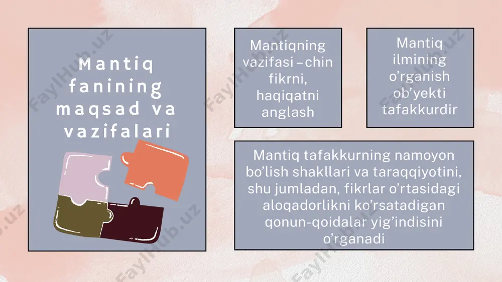 s. masalan, bir nechta oqqushning oq ekanligini kuzatib, "barcha oqqushlar oq" degan xulosa chiqarish mumkin. ammo ertaga qora oqqush topilishi bu xulosani bekor qilishi mumkin. shunday qilib, deduktiv mantiq aniq va ishonchli xulosalar beradi, induktiv mantiq esa ehtimoliy xulosalar beradi va ko'pincha ilmiy tadqiqotlarda qo'llaniladi. hozirgi paytda mantiqning formal mantiq, dialektik mantiq, matematik mantiq kabi yoʻnalishlari bor. matematik mantiq matematik mantiq tafakkurni matematik metodlar yordamida tadqiq etadi. formal mantiq formal mantiq tafakkur strukturasini fikrning aniq, mazmuni va taraqqiyotidan chetlashgan holda, nisbatan mustaqil ravishda oʻrganadi dialektik mantiq tafakkurni uning mazmuni va shakli birligida hamda taraqqiyotida olib oʻrganadi. uning diqqat markazida muhokamani toʻgʻri qurish bilan bogʻliq qoidalar va mantiqiy amallar yotadi. formal mantiq asoschisi bu qadimgi yunon faylasufi aristoteldir. xulosa xulosa qilib aytganda, mantiq - bu nafaqat falsafaning bir bo'limi, balki kundalik hayotimizda ham muhim ahamiyatga ega bo'lgan fikrlash san'atidir. mantiqiy qonunlar va usullarni o'rganish orqali biz to'g'ri fikrlashni, mantiqiy xatolardan qochishni …