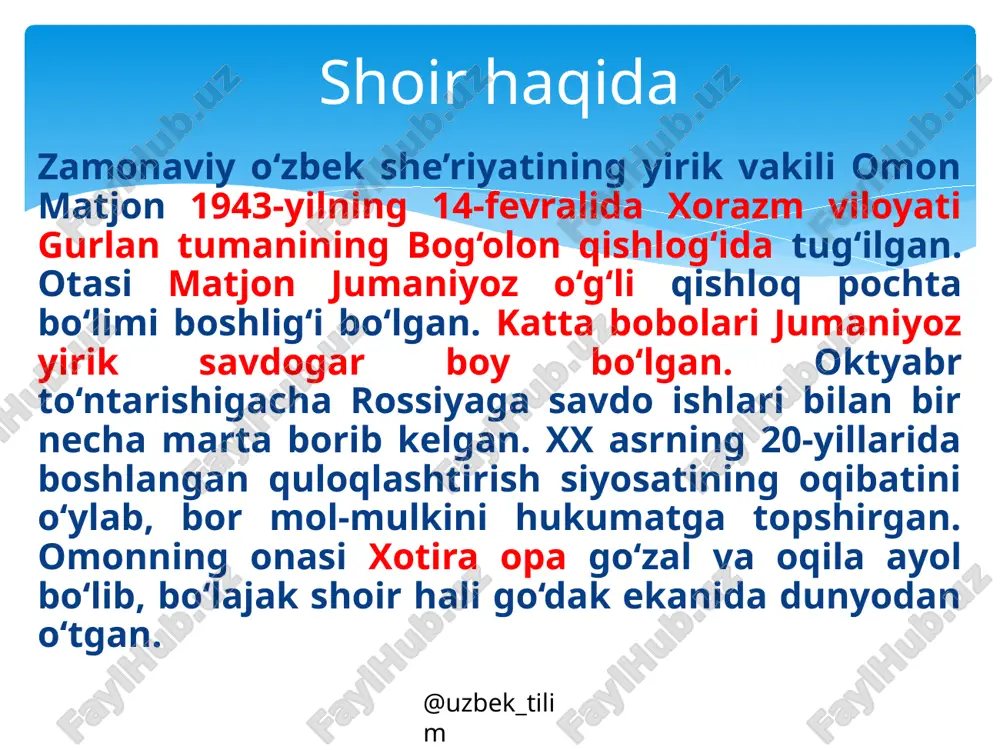 e’rlarini mehr qo‘yib, sinchiklab o‘qish, ularni yodlab olish kishi ma’naviyati shakllanishida muhim ahamiyat kasb etadi. bu she’rlar she’rxonni hayot, odamlar, ularning ichki olami haqida jiddiyroq o‘ylash va o‘ziga yarasha xulosa chiqarishga yo‘naltiradi. shoir she’rlari haqida @uzbek_tilim @uzbek_tilim foydalanilgan adabiyot: adabiyot: umumiy o‘rta ta’lim maktablarining 9-sinfi uchun darslik. qayta ishlangan 4-nashri. /qozoqboy yo‘ldoshev, valijon qodirov, jalolbek yo‘ldoshbekov; [mas’ul muharrir: v.rahmonov]. —t.: “o‘zbekiston” nmiu, 2019. image3.jpg /docprops/thumbnail.jpeg