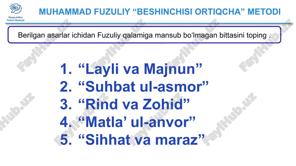 ___________________________________________________________________________________________________________ uyga vazifa yuqoridagi ikki g‘azal asosidagi qo‘shiqlarni eshitib ko‘ring. g‘azallardan birini yod oling. e’tiboringiz uchun rahmat image11.png image12.png image13.png /docprops/thumbnail.jpeg