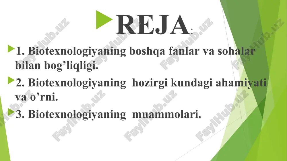 texnologik jarayonlari quyidagi bosqichlardan iborat : 1. ekish materialini olish; 2. ozuqa muhitini tayyorlash va sterillash; 3. barcha uskunalar, kommunikatsiya va havoni tayyorlash hamda sterillash; 4. fermentatsiya; 5. lizinni ajratish. 1. organik kislotalar ishlab chiqarish. 2. sirka kislota ishlab chiqarish. 3. limon kislota ishlab chiqarish. 4. sut kislotasi ishlab chiqarish. 5. biogaz ishlab chiqarish. 6. texnologiyasi. tirik organizmlar irsiy axborotini sun’iy yo’l bilan ma’lum maqsadga muvofiq o’zgartirish jarayoni genetik muxandislik fanining asosiy ustqurmasi hisoblanadi. genetik muxandislik hujayra, xromosoma va gen darajasida amalga oshiriladi: 1. hujayra darajasidagi genetik muxandislik ikki hujayrani o’zaro qo’shish yo’li bilan amalga oshiriladi. 2. xromosoma darajasidagi genetik muxandislik hujayra yadrosiga qo’shimcha xromosomalar kiritish orqali amalga oshiriladi. 3. gen darajasidagi genetik muxandislik yoki gen muxandisligi eng murakkab bo’lib, quyidagi bosqichlar asosida amalga oshiriladi: a. qimmatli xo’jalik ahamiyati kasb etadigan gen funksiyasi orqali qidirib topiladi, ajratib olinadi, klonlanadi va tuzilishi o’rganiladi. b. ajratib olingan gen xromosoma dnk si bilan …
