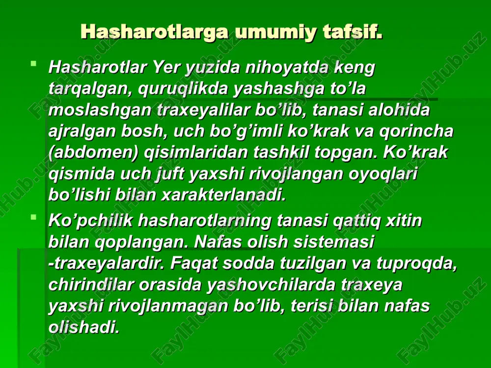 ng'izning qorin bo'limi 8 ta bo'g'imdan iborat. qornini yelka tomondan ustki qanotlar yopib turadi. ustki qanotlar ostidan faqat qorinning uchki qismi chiqib turadi. qorin bo'g'imlari tanasining ostki tomonidan ko'rinadi. qorin bo'limi ko'krak bilan harakatsiz qo'shilgan. hasharotlarning ichki tuzilishi. hazm qilish sistemasi. hazm qilish sistemasi. yashil bronza qo'ng'iz turli o'simliklar gulining qismlari, yosh barglar va yetilmagan mevalari bilan oziqlanadi. qo'ng'iz o'tkir yuqori jag'lari yordamida o'simlik to'qimasini uzib olib, tishchali pastki jag'lari bilan chaynab maydalaydi.. ana shunga o'xshash qattiq oziqni chaynashga moslashgan og'iz organlari kemiruvchi hisoblanadi. uzib olib maydalangan oziq og'iz bo'shlig'ida so'lak bilan aralashadi va qisqa halqum orqali qizilo'ngachga, undan muskulli oshqozonga tushadi. oshqozon devorida joylashgan mayda xitin tishchalar yordamida ezilgan oziq ichakka o'tadi. ichakda oziq batamom hazm bo'ladi va uning tarkibidagi oziq moddalar qonga so'riladi. hazm bo'lmay qolgan oziq qoldiqlari orqa chiqaruv teshigi orqali tashqariga chiqarib yuboriladi. hasharotlar og'iz organlarining tuzilishi oziqlanish usuliga moslashgan va xilma-xil bo'ladi. qattiq o'simlik va …