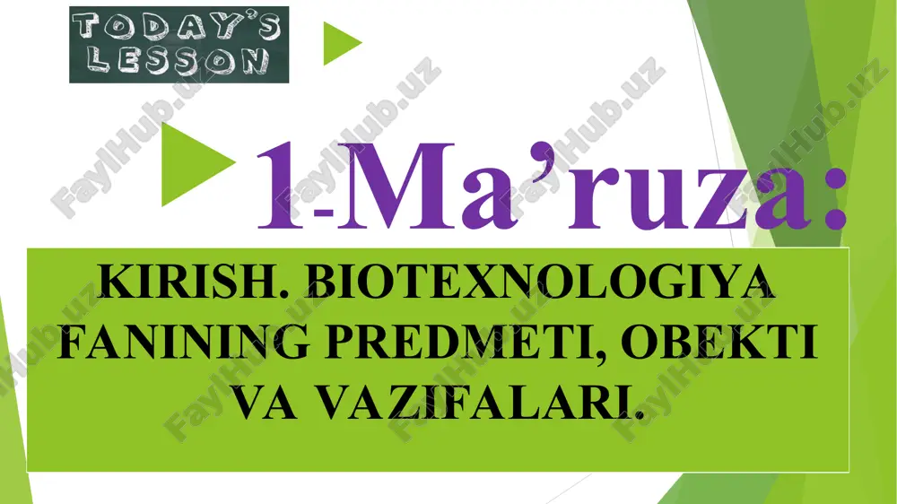 irsiy belgilarni tashuvchi materiallarni mikroorganizmlar, o`simlik va hayvon hujayralariga o`tkazish, yangi belgi va xususiyatli transgen organizmlarni olishdir. biotexnologiyaning vazifalari: kerakli mahsulotlarni ishlab chiqarish uchun biologik ob’yektlar, sistema va jarayonlardan foydalanish; mikroorganizmlar, hujayra kulturalari va ularning alohida komponentlaridan ishlab chiqarishda foydalanish maqsadida bioximik, mikrobiologik va injenerlik bilimlarini kompleks qo`llash; turli tipdagi foydali mahsulotlarni olish va ko`paytirish uchun biologik jarayonlardan foydalanish; kerakli mahsulotlar olish yoki servis texnologiyasini yaratish maqsadida biologik agentlar yordamida ishlov berish uchun ilmiy va injenerlik printsiplardan foydalanish. biotexnologiya so`zi grekcha so`zlar yig`indisi bo`lib, «bios” - hayot, «texne» - san’at, texnika va «logos” – tushuncha, ta’limot ma’nolarini bildiradi. biotexnologiya yo`nalishlarining vazifalari quyidagilardir: sog`liqni saqlash sohasida turli kasalliklarni davolash, diagnostikasi va profilaktikasi uchun yangi biologik aktiv moddalar va dorivor preparatlarni yaratish; qishloq ho`jaligi o`simliklarini kasallik qo`zg`atuvchilar va zararkunandalardan himoyalashning biologik vositalarini, bakterial o`g`itlar va o`simlik va hayvonlarning o`sish regulyatorlarini; noqulay atrof-muhit omillariga chidamli yangi o`simlik navlarini hamda foydali xususiyatga ega bo`lgan …
