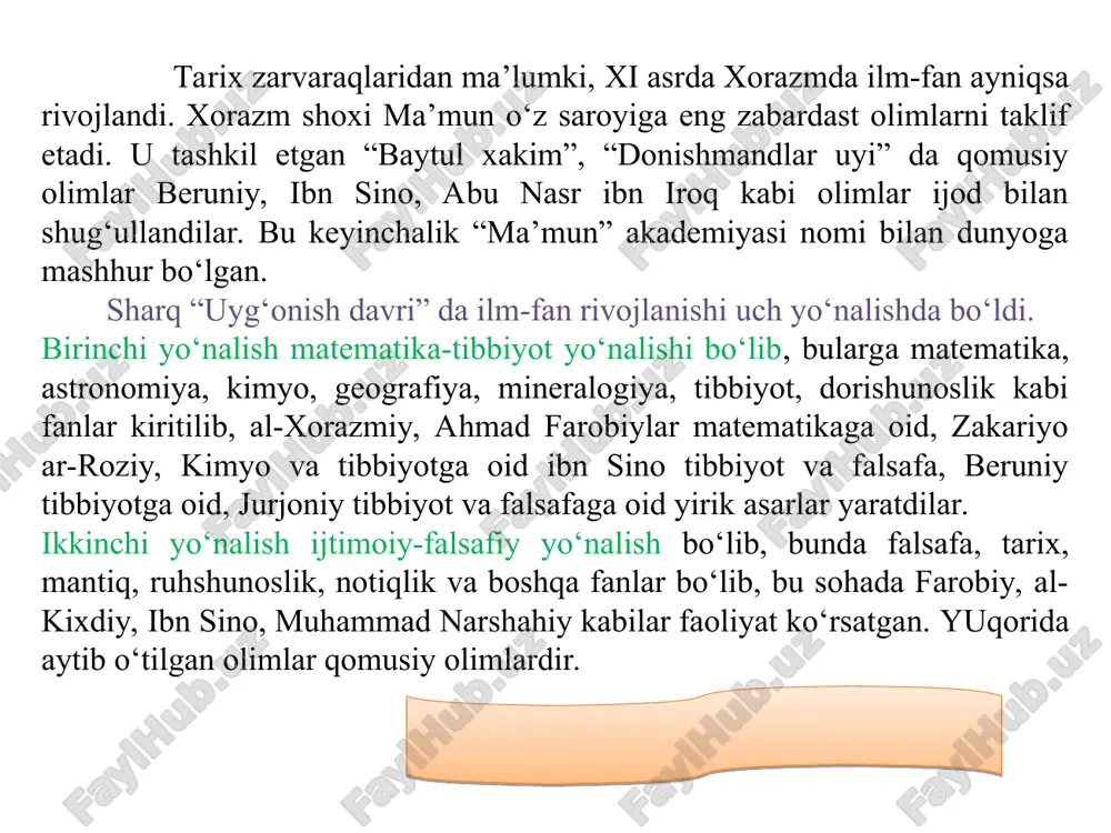 n asarlarida ta’lim tarbiyaning muhimligi, unda nimalarga e’tibor berish zuruligi, ta’lim-tarbiya usullari va uslubi haqida fikr yuritadi. “fozil odamlar shahri”, “baxt-soatdatga erishuv to‘g‘risida”, “aql ma’nolari” kabi asarlarida ijtimoiy-tarbiyaviy qarashlari o‘z ifodasini topgan. abu rayhon beruniy – jahon fanining taraqqiyotiga g‘oyat ulkan xissa qo‘shgan zo‘r iste’dod egasi va tadqiqotchi edi. uning o‘lmas ilmiy asarlari jahon fani taraqqiyotida benihoya yuksak ahamiyatga molikdir. beruniyning yirik asarlariga “mineralogiya”, “hindiston”, “geodeziya”, “o‘tmish yodgorliklari”, “saydana” kabilarni olish mumkin. beruniy har bir yaratgan asarining kishi ruhiyatiga, qobiliyatiga mos, uni toliqtirmaydigan bo‘lishiga e’tibor beradi. beruniy yozadi: “bizning maqsadimiz o‘quvchini toliqtirib qo‘ymaslikdir. hadeb bir narsani o‘qiy berish zerikarli bo‘ladi. agar o‘quvchi bir masaladan boshqa bir masalaga o‘tib tursa, u xuddi turli-tuman bog‘-rog‘larda sayr qilgandek bo‘ladi, bir bog‘dan o‘tar-o‘tmas, boshqa bog‘ boshlanadi. keyin uni hamma ko‘rigisi va tomosha qilgisi keladi”. beruniyning ilmiy bilimlarini egallash yo‘llari haqidagi fikrlari hozirgi davrda ham dolzarbdir. abu ali ibn sino – sharqning ulkan qomusiy ilm …