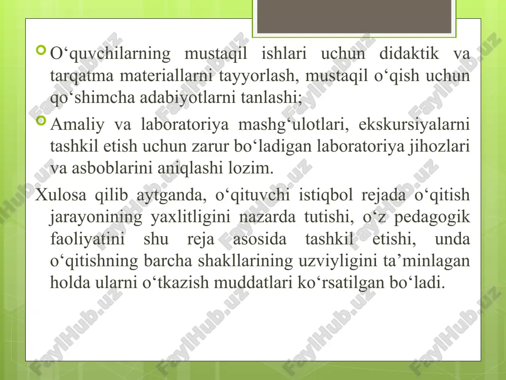 dan tashqari ishlar uy ishlariga nisbatan murakkabroq bo‘lib, ularni bajarish uchun tegishli o‘simliklar, maxsus asboblar va boshqa jihozlar talab qilinadi. darsdan tashqari ishlarga: biologiya xonasi, tirik tabiat burchagidagi, o‘quv tajriba uchastkasidagi va tabiatdagi ishlar kiradi. biologiya kabineti va tirik tabiat burchagida o‘tkaziladigan ishlar uchun o‘quvchilarga topshiriqlarni darslarda kursning barcha mavzulari bo‘yicha o‘quv yili davomida berib boriladi.o‘quvchilarning o‘quv-tajriba uchastkasidagi yozgi topshiriqlarning natijalari ham barcha sinflar bo‘yicha kuzda o‘tkaziladigan darslarda foydalaniladi. darsdan tashqari ishlar majburiydir va buning uchun o‘quvchilar baho oladilar. o‘qituvchi istiqbol rejaga asoslanib o‘qitishni tashkil etish uchun mavzuli-taqvim reja tuzadi. mazkur rejani tuzishda: har bir o‘quv fani dasturi mazmun va mohiyatiga ko‘ra izchillikda joylashgan boblardan iborat ekanligi; dasturdan o‘rin olgan har bir bob mantiqiy jihatdan bir-biriga uzviy bog‘liq bo‘lgan o‘quv materiallarini birlashtirishi; har bir bob mantiqiy jihatdan uzviy bog‘langan darslar tizimidan iborat ekanligi; har bir mavzu mazmuniga ko‘ra, o‘quvchilarda muayyan biologik tushunchalarni shakllantirish va ko‘nikmalarni tarkib toptirishga zamin tayyorlashini nazarda …