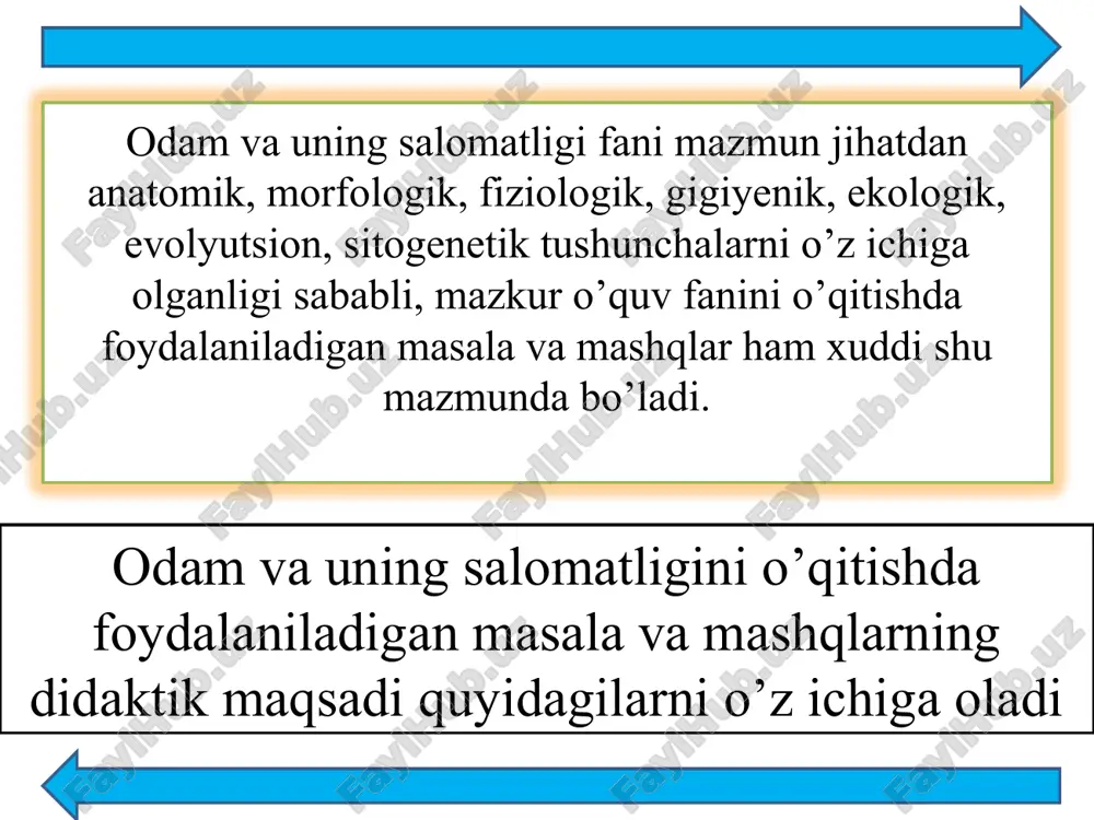 bo‘yi va massasini o‘lchash, tomir urishini sanab ko‘rish va boshqalar. aksariyat masala va mashqlar fiziologik hodisalami tushunib olishga hamda o‘quvchining o‘z organizmida kechadigan jarayonlar sababini ochib berishga imkon beradigan masalalar bo‘lishi mumkin. bunday ko‘rinishdagi masala, mashq va topshiriqlarga quyidagilarni tavsiya etsa bo‘ladi. masalan! 1. odamning tinch turgan holatida va o‘n marta o‘tirib turganidan keyin tomir urishini sanab ko‘rish va organizmda yuz bergan o‘zgarishlar haqida xulosa chiqaring? 2. tinch holatda bir minutda nafas bilan chiqariladigan karbonat angidrid gazi miqdorini aniqlang? organning tuzilishini vazifasi bilan bog‘liqligini o‘quvchilar o‘zlashtirib olishi uchun organlarni tanib olishga mansub masala - mashqlardan foydalaniladi. ayrim masala va mashqlar biologik qonuniyatlarni aniqlashga imkon beradi. bunday mashqlarga quyidagilarni misol qilish mumkin. 1. qo‘l panjasi shikastlanganda, jarohatlangan joydan qip qizil qon oqib turibdi. dastlabki vaqtdlarda qon favora bo‘lib otilib chiqadi, so‘ngra favora susayib qon otilib-otilib oqib turadi. qon ketishning turi, birinchi yordam ko‘rsatish choralari aytib o‘tilsin? 2. venadan qon ketib turgan …