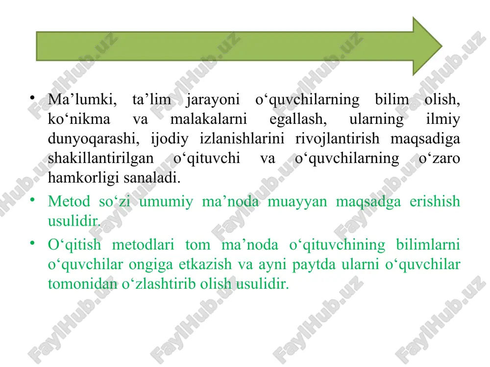 ng bilim olishlari uchun asosiy manba hisoblanadi, ya’ni o‘qituvchi o‘quvchilarga so‘zlar vositasida bilim beradi, o‘quvchilar faoliyatini eshitish, fikr yuritish, berilgan savollarga javob topishga yo‘naltiradi. shuning uchun o‘qituvchining so‘zi oddiy axborot bo‘lmasdan, balki ishonchli, asoslovchi, o‘quvchilarning faoliyatini faollashtiruvchi ta’sir kuchiga ega bo‘lishi kerak. o‘qituvchining yorqin, hissiyotli, dalillarga asoslangan, mantiqiy ketma-ketlikda tuzilgan, ko‘rgazmali hikoya, suhbat, ma’ruzalari hozir ham o‘z qimmatini yo‘qotmagan. og‘zaki metodlar qisqa muddatda katta hajmdagi o‘quv materialini o‘quvchilar ongiga etkazish, muammoli vaziyatlarni vujudga keltirish, ularni hal etish yo‘llarini ko‘rsatish, o‘quvchilarning nutqini rivojlantirish imkonini yaratadi. shuningdek, ko‘pchilik metodlar o‘qitish jarayonida og‘zaki metodlar bilan uyg‘unlashtirilgan holda qo‘llaniladi. hikoya metodi o‘quvchilarga o‘quv materialini yaxlit holda savollar berib, uzmasdan bayon etishni nazarda tutadi. yangi mavzu mazmunida yangi tushunchalar, ilmiy axborot ko‘p bo‘lgan taqdirda, shuningdek, o‘qituvchi o‘quv materiali yuzasidan faol suhbat o‘tkazish imkoni bo‘lmagan, izohlash va tushuntirishi lozim bo‘lgan, o‘quv materialining hajmi katta bo‘lib, uni dasturda belgilangan vaqtda o‘rganish zarur bo‘lgan hollarda hikoya metodidan foydalanadi. …