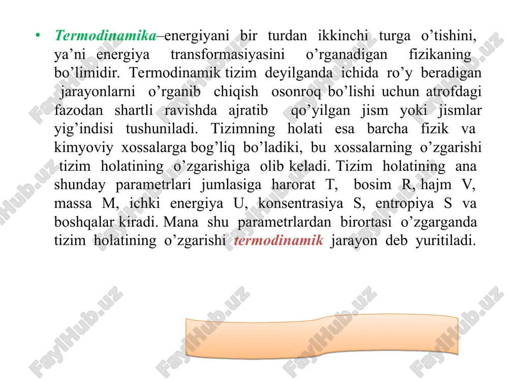kechadigan maksimal foydali amax ishdan iborat) umu­miy ish a ga sarflanadi: bu yerda ish a = pdv + a’max yoki: q = du + pdv + a’max aynan mana shu yangi funksiya, termokimyo qonuni (gess qonuni) asosida yotib, unga binoan, kimyoviy reaksiyaning issiqlik effekti -q reaksiyaning dastlabki moddadan reaksiya mahsulotigacha bosib o’tadigan yo’li emas, faqat oxirgi va dastlabki holatlar entalpiya­lariaro farq bilan bengilanadi. mazkur qonun yordamida organizmda kechadigan murakkab biokimyoviy reaksiyalarning issiklik effektini, uning bosqichlari haqida tasavvurga ega bo’lmasdan turib, faqat dastlabki va oxirgi mahsulaotlarga doir ma’lumotlar asosida aniq hisoblab topish mumkin. gess qonuni ovqat mahsulotlarining kalori­yasini hisoblashda ham qo`llaniladi. termodinamikaning birinchi qonunining tajribada tekshirilishi, maxsus kalorimetrlarda metabolizm jarayonida organizmdan tashqariga chiqariladigan issiqlikni o’lchash yo’li bilan amalga oshirilgan. ma’lum bo’ldiki, organizm tomonidan bir sutka davomida ajratilgan issiqlik (1859 kkan), uning qabul qilgan ovqat mahsulotlarida mujassamlangan energiyaga (1879 kkan) mos keladi. shu tarzda isbotlangan 1-qonun organizm bu u yoki bu xildagi …