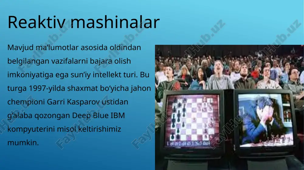 li mavjud emas. ammo soha olimlari tomonidan tez orada inson kabi tafakkurga ega sun’iy intellekt yaratilishi ishonch bilan ta’kidlanadi. shuningdek, aksariyat olimlar sun’iy intellektning bu turi insoniyat kelajagiga xavf solishi mumkin super sun’iy intellekt sun’iy aqlning so‘nggi bosqichi bo‘lib, kompyuterlar aql va qobiliyat borasida odamlardan ustun bo‘ladi. bu jarayonda taraqqiyot to‘laqonli sun’iy intellekt qo‘liga o‘tishi taxmin qilinadi. sun’iy intellekt tarmoqlari sun’iy intellekt 6 ta tarmoqqa bo‘linadi • mashinani o‘qitish; • chuqur o‘rganish; • tabiiy tilni qayta ishlash; • robototexnika; • ekspert tizimlari; • bulaniq mantiq mashinani o‘qitish qandaydir muammoni hal qilish uchun mashinalarga ma’lumotlarni talqin qilish, qayta ishlash va tahlil qilish imkoniyatlarini taqdim etuvchi sun’iy intellekt tarmog‘i hisoblanadi. mashinani o‘qitish uch xil yo‘l bilan amalga oshirilishi mumkin: • nazorat ostida o‘rganish; • nazoratsiz o‘rganish; • kuchaytirilgan o‘rganish. chuqur o‘rganish mashinani o‘qitishning jarayonlarni sun’iy neyron tarmoqlariga asoslangan holda o‘rganish va tahlil qilish borasida rivojlangan sohasi hisoblanadi. bu tarmoq facebookda inson yuzini …