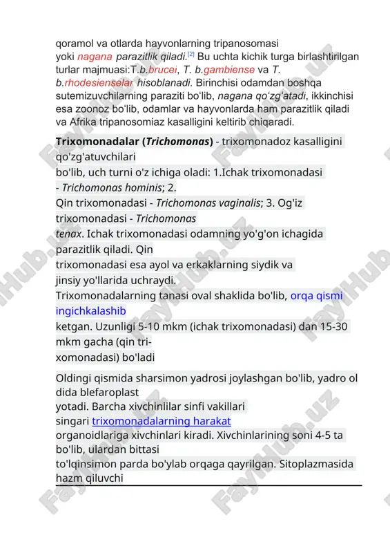 . ichak trixomonadasi odamning yo'g'on ichagida parazitlik qiladi. qin trixomonadasi esa ayol va erkaklarning siydik va jinsiy yo'llarida uchraydi. trixomonadalarning tanasi oval shaklida bo'lib, orqa qismi ingichkalashib ketgan. uzunligi 5-10 mkm (ichak trixomonadasi) dan 15-30 mkm gacha (qin tri- xomonadasi) bo'ladi oldingi qismida sharsimon yadrosi joylashgan bo'lib, yadro oldida blefaroplast yotadi. barcha xivchinlilar sinfi vakillari singari trixomonadalarning harakat organoidlariga xivchinlari kiradi. xivchinlarining soni 4-5 ta bo'lib, ulardan bittasi to'lqinsimon parda bo'ylab orqaga qayrilgan. sitoplazmasida hazm qiluvchi 54 vakuolalari bor. trixomonadaning tanasi bo'ylab uzunasiga ketgan tayanch o'zak aksostil joylashgan, cheti bo'ylab to'lqinlanuvchi membrana (parda) yotadi. qin trixomonadasi va og'iz trixomonadasining to'lqinlanuvchi membranasi qisqa bo'ladi. qin trixomonadasi erkak va ayollarning siydik-tanosil yo’llarida parazitlik qilib, shaxsiy gigiyena qoidalariga rioya qilmaslik natijasida va jinsiy aloqa vaqtida yuqadi. ushbu parazit barcha davlatlarda uchraydi. ular erkak va ayollarning siydik yo'llarida uchraydi. kasallanish ayollarda 20-40 %, erkaklarda esa 15 % ni tashkil qiladi. tashxis qo'yish uchun bemorning …