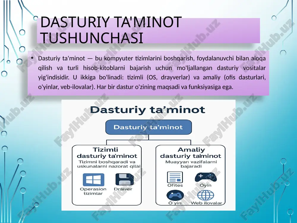 product owner va development team. sprintlar 1-4 hafta davom etadi. har kuni 'daily scrum' yig‘ilishi o‘tkaziladi. maqsad — jamoaviy ish samaradorligini oshirish. devops yondashuvi devops ishlab chiquvchilar (dev) va tizim administratorlari (ops) o‘rtasidagi hamkorlikni kuchaytirishga qaratilgan. bu yondashuv doimiy yetkazib berish (cd) va avtomatlashtirilgan test orqali tezkor yangilanishlar taqdim etishga yordam beradi. versiya nazorati tizimlari vcs yordamida dasturiy ta'minotning har bir versiyasi kuzatiladi. git, svn kabi tizimlar dasturchilarga o‘zgarishlar tarixini saqlash, bir nechta dasturchilarni birgalikda ishlash imkonini beradi. github, gitlab, bitbucket kabi platformalar keng qo‘llaniladi. dasturlash tillari va muhitlar dastur ishlab chiqishda c++, java, python, javascript, kotlin kabi tillar qo‘llaniladi. ide (integrated development environment) lar — intellij, visual studio, pycharm, eclipse va boshqalar dasturchilarning samarali ishlashi uchun qulay sharoit yaratadi. ma’lumotlar bazasi va orm ma’lumotlar bazasi — bu dasturda saqlanadigan ma’lumotlar manbai. mysql, postgresql, mongodb mashhur dbms turlaridir. orm (object relational mapping) vositalari esa dasturchiga sql yozmasdan ma’lumotlar bilan ishlash …