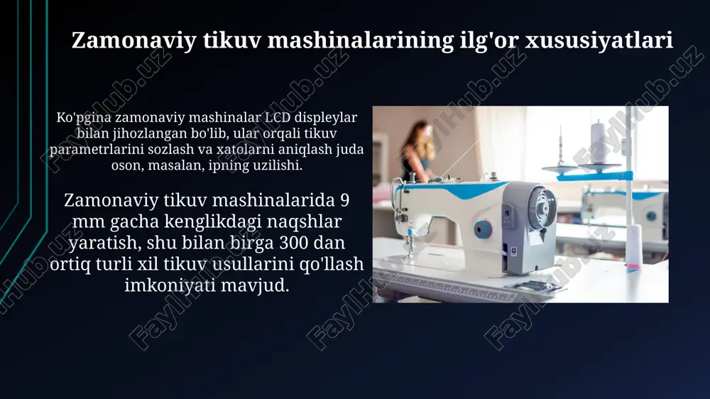 adi. xulosa va savollar xulosa qismida zamonaviy tikuv mashinalari evolyutsiyasi, masalan, dastlabki oyoqli modellardan 3000 rpm tezlikdagi kompyuterlashtirilgan modellarga qadar ta'kidlanadi. savollar sessiyasi mashina turini tanlashda 50 dan ortiq omillarni (mato, tikuv turi) aniqlashga yordam beradi va ularni tushuntirish uchun muhim ahamiyatga ega. e'tiboringiz uchun rahmat @slaydtayor_bot image2.jpg image3.jpg image4.jpg image5.jpg image6.jpg image7.jpg image8.jpg image9.jpg image10.jpg image11.jpg image12.jpg