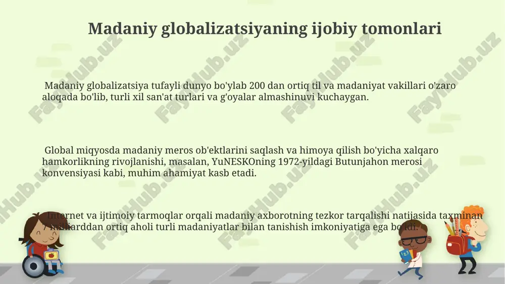ual va kengaytirilgan reallik texnologiyalari (vr/ar) orqali madaniy tajribalarni simulyatsiya qilish imkoniyati tufayli, 2030 yilga kelib jahon bo'ylab 1 milliarddan ortiq odam virtual muhitlarda madaniy tadbirlarga tashrif buyurishi kutilmoqda. madaniy globalizatsiyaning keyingi bosqichi transkulturalizmning kuchayishi bilan tavsiflanadi, ya'ni 2040 yilga borib jahon madaniyati kamida 5 ta yirik madaniy oqimlarning sintezidan iborat bo'lishi mumkin. madaniyat globalizatsiyasi ta'rifi madaniyat globalizatsiyasi – bu madaniy elementlarning, masalan, filmlar, musiqa va oshxona taomlari kabi, 21-asrda texnologiyalar yordamida global miqyosda tez tarqalishi va oʻzaro taʼsirini anglatadi. globalizatsiya natijasida 10 dan ortiq milliy madaniyatlarning bir-biriga singib ketishi kuzatiladi, bu esa yangi gibrid madaniyatlarning paydo boʻlishiga va madaniy xilma-xillikning oshishiga olib keladi. madaniy globalizatsiyaning asosiy omillaridan biri – bu internet va ijtimoiy tarmoqlar boʻlib, ular global auditoriyaga 500 million dan ortiq foydalanuvchilarni birlashtirib, madaniy almashinuvni tezlashtiradi. ommaviy madaniyatning tarqalishi va uning ta'siri hollywood filmlari va k-pop musiqasining global ta'siri natijasida ingliz va koreys tillarining dunyodagi so'zlashuvchilar soni 50 …