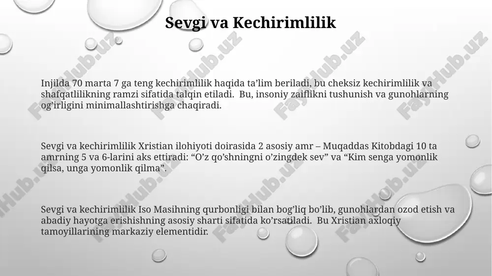 gdek, 7 ta oilaviy qadriyatlarni o'zida aks ettiradi. qutqarilish va imon qutqarilish va imon o'rtasidagi bog'liqlik, 1 korinfliklarga 15:1-4 oyatlarida aks ettirilgan bo'lib, iso masihning qurbonligi orqali inson gunohlardan qutuladi va bu imon orqali amalga oshadi. qutqarilish, xristian ilohiyoti boʻyicha, xudoning insoniyatni gunohlardan ozod qilish rejasi sifatida 3 ta asosiy bosqichdan: iso masihning oʻlimi, dafn etilishi va tirilishidan iborat. imon, yaxshi yangiliklarga ishonish va uni qabul qilish orqali, 4 ta asosiy inson qobiliyatlarini: ong, xotira, his-tuyg'ular va irodani jalb qiladi. gunoh va kechirim xristianlikda tavba qilish va gunohlardan qaytish, kechirim olishning muhim shartidir. bu jarayon shaxsiy va jamoaviy darajada, 3 ta asosiy qadam orqali amalga oshiriladi: tan olish, afsuslanish va o'zgarish. gunoh va kechirim haqida injilning 1 yuhanno 1:9 da, agar gunohlarimizni tan olsak, u sodiq va adolatlidir, gunohlarimizni kechiradi va bizni hamma nohaqliklardan tozalaydi degan va’da berilgan. matto 6:14-15 da iso masih, agar odamlarning gunohlarini kechirmasak, samoviy otamiz ham …