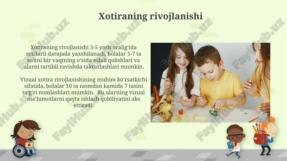 larning bilim olish qobiliyatini 20-30% ga oshirishi mumkin. interfaol o'quv dasturlari va onlayn platformalardan foydalanish bolalarning mustaqil fikrlashini, muammo yechish qobiliyatini rivojlantirishda muhim ahamiyatga ega bo'lib, 40% gacha samaradorlikni ta'minlaydi. idrokning rivojlanishi preskullar mantiqiy fikrlash qobiliyatlarini rivojlantirish bosqichida bo'lib, sodda topshiriqlarni, masalan, 3-4 ta buyumni o'lchami, rangi yoki shakliga ko'ra guruhlashni bajarishlari mumkin. bolalar 3-4 yoshga kelib, o'rtacha 500-1000 so'zdan iborat lug'atga ega bo'lib, sodda gaplarni tuzish va tushunish qobiliyatiga ega bo'ladilar, bu ularning so'z boyligining tez rivojlanishini ko'rsatadi. badiiy-estetik tarbiya musiqa va raqs orqali bolalarning ritm tuyg'usi, harakat koordinatsiyasi va emotsional ifodalanish qobiliyatlari 20-30% ga o'sishi kuzatiladi. teatrlashtirilgan o'yinlar bolalarni 5-7 ta asosiy his-tuyg'ularni ifoda etishga, ijtimoiy rollarni o'zlashtirishga va muloqot ko'nikmalarini rivojlantirishga yordam beradi. nutqning rivojlanishi 3-5 yoshli bolalarda lug'at fondi 1500-2500 so'zgacha etadi, bu esa murakkab grammatik tuzilmalarni tushunish va qo'llash imkoniyatini beradi. gapirish qobiliyatining rivojlanishida o'yinlar, kundalik muloqot va kitob o'qish katta ahamiyatga ega bo'lib, faol …