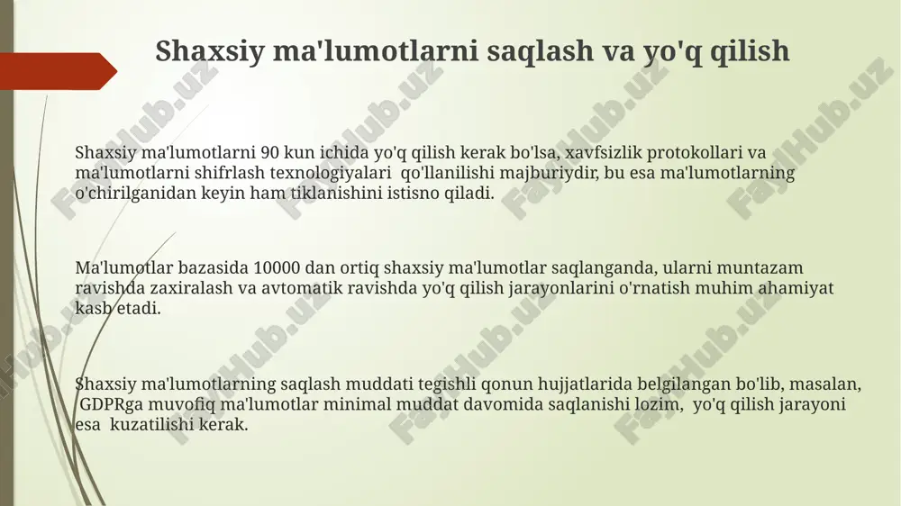 'ni faqat 5 tadan oshmaydigan ma'lumot to'plami yig'ilishi va qayta ishlanishi lozim. shaxsiy ma'lumotlarning tasniflanishi va toifalari maxfiylik darajasi yuqori bo'lgan shaxsiy ma'lumotlar, masalan, tibbiy ma'lumotlar (kasallik tarixi, diagnostika natijalari) yoki moliyaviy ma'lumotlar (bank hisob raqamlari, kredit kartalari) qattiqroq himoya choralarini talab qiladi. shaxsiy ma'lumotlar 4 ta asosiy toifaga: identifikatsiya qiluvchi, biometrik, joylashuv va sog'liqni saqlash ma'lumotlariga bo'linadi, ularning har biri turli xil himoya darajasini talab qiladi. kamida 18 yoshga to'lmagan shaxslarning shaxsiy ma'lumotlari alohida himoya qilinadi va ularning qonuniy vakillarining roziligi bilan qayta ishlanishi mumkin, bu 2021-yilgi qonunchilik hujjatlariga muvofiq. rozi bo'lish va rozilikni olish jarayoni ma’lumotlarni qayta ishlashga rozilik berishdan oldin, shaxs ma’lumotlar himoyasi qoidalari bilan tanishishi va kamida 3 ta turli manbadan tasdiqlovchi ma’lumot olishi mumkin. rozilikni olishda shaxsning erkin irodasi va xabardorligi ta’minlanishi kerak; bosim yoki aldovlardan foydalanish qat’iyan man etiladi, bu jarayon shaxsga 24 soat ichida javob berish imkoniyatini berishi shart. rozi bo‘lish jarayoni kamida …