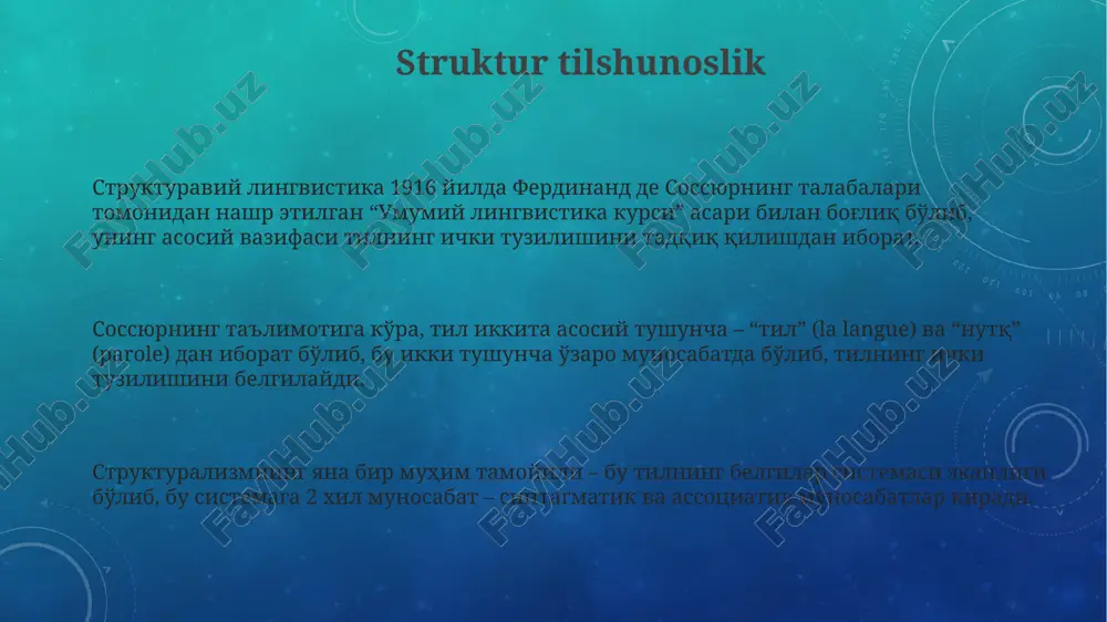 ning genetik munosabatlarini aniqlashga qaratilgan tadqiqotlar turtki bo'ldi. ushbu metod 19-asrning boshlarida paydo bo'lib, hind-evropa tillari oilasining kelib chiqishi toʻgʻrisida qimmatli ma'lumotlar berdi, masalan, sanskrit, yunon va lotin tillari orasidagi munosabatlar aniqlandi. qadimgi hind tilshunosligi qadimgi hind tilshunosligi tarixida bxartxari (i asr) nomi ham alohida oʻrin egallaydi, u gapni jumlaning boshqa mayda boʻlakka boʻlinmaydigan bir butun birlik sifatida talqin qilgan. panini grammatikasidagi qoidalar ikki ming yildan ortiq sanskrit grammatikasida qoʻllanilib, uning soʻzlarning morfologik tahlil metodikasi hozir ham oʻz ahamiyatini yoʻqotmagan. qadimgi hind tilshunosligi 4000 dan ortiq qoidadan (sutra) iborat boʻlgan panini grammatikasini yaratdi, unda fonetika, urgʻu, tovushlarning kombinator oʻzgarishlari kabi masalalar batafsil yoritiladi. deskriptiv tilshunoslik amerika deskriptiv tilshunosligida til birliklari sifatida fonema, morfema va konstruksiyalar e'tirof etiladi, bu esa tilning uchta qatlamdan: fonologik, morfemik va sintaktik qatlamlardan iborat ekanligini ko'rsatadi. deskriptiv tilshunoslikda tadqiqot ob'ekti – ma'lum bir tilda uchraydigan alohida va mustaqil jumlalardir. jumlaning eng kichik ma'noli qismlarga, segmentlarga ajratishda …