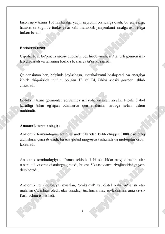 periton (qorin) kabi seroz membranalarga ega bo'lib, ular organlar orasidagi ishqalanishni kamaytiradi. anatomiyaga kirish anatomiya o'rganishning 3 asosiy usuli mavjud: tekshirish (vizual), palpatsiya (teginish) va eshitish (ovozlar), har biri turli xil ma'lumot beradi. anatomiya, 2500 yildan ortiq tarixga ega boʻlib, inson tanasining tuzilishini, masalan, suyaklar, mushaklar va organlarni tizimli ravishda oʻrganadi. anatomik o'rganishda 4 asosiy yo'nalish mavjud: sistema, mintaqaviy, klinik va mikroskopik, har biri tanani turli nuqtai nazarlardan tahlil qiladi. to'qimalarning turlari biriktiruvchi to'qima tanadagi boshqa to'qimalarni qo'llab-quvvatlaydi va bog'laydi, 6 asosiy turi bor: suyagi, tog'ayi, zich biriktiruvchi, bo'sh biriktiruvchi, qon va limfa. epiteliya to'qimasi himoya, sekretsiya va absorbsiya kabi vazifalarni bajaradi; uning 5 asosiy turi bor: yassi, kubsimon, ustunsimon, soxta ko'p qatlamli va o'tuvchi. nerv to'qimasi elektr signallarini uzatadi va muvofiqlashtiradi; u 2 ta asosiy hujayra turidan iborat: neyronlar (impuls o'tkazuvchi) va glial hujayralar (qo'llab-quvvatlovchi). nafas olish tizimi nafas olish tizimi, nafas olish yo'llari va o'pkadan iborat bo'lib, atmosfera …