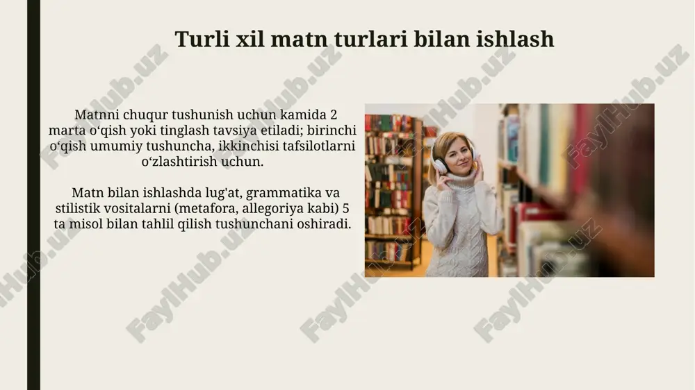 inglashdagi qiyinchiliklarni bartaraf etish o'qishda fonetik muammolar, masalan, 20% dan ortiq fonemalarni noto'g'ri talaffuz qilish, matnni tushunishni sezilarli darajada qiyinlashtirishi mumkin. tinglashda diqqatni jamlash qobiliyatining pastligi (odatda 5-7 daqiqadan kam) ma'lumotni qayta ishlash va tushunishni sekinlashtiradi, eslab qolishni qiyinlashtiradi. o'qish va tinglashning o'zaro bog'liqligi tinglash orqali yangi lug'at boyligini o'zlashtirish o'qish tezligini 15-25% ga oshirishi mumkin, chunki eshitgan so'zlarni keyinchalik matnlarda uchratish osonlashadi. o'qish jarayoni tinglash ko'nikmalarini 20-30% ga yaxshilaydi, chunki matnni ovoz chiqarib o'qish fonetika va talaffuzni rivojlantiradi, lekin faqatgina faol tinglash bilan birgalikda samaradorlik ortadi. tinglashni yaxshilash usullari lug'at boyligini oshirish va yangi so'zlarni o'rganish tinglash tushunishini sezilarli darajada yaxshilaydi; kuniga kamida 5-10 ta yangi so'zni o'rganishga harakat qiling. faol tinglash texnikalarini, masalan, asosiy fikrlarni yozib olish yoki tinglangan ma'lumotlarni qisqacha bayon qilishni qo'llash tushunishni 20% ga oshirishi mumkin. faol o'qish strategiyalari faol o'qishning samaradorligini oshirish uchun 5w1h (kim? nima? qaerda? qachon? nima uchun? qanday?) uslubiyatini qo'llash orqali …