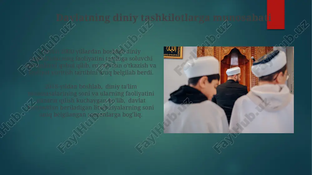 ilotlar ro'yxatdan o'tgan diniy tashkilotlar soni 2023-yil holatiga ko'ra 2000 dan ortiqni tashkil etib, ularning aksariyati musulmonlarga tegishlidir. ro'yxatdan o'tmagan diniy tashkilotlarning faoliyati yashirin holda olib borilib, ularning aniq sonini aniqlash qiyin, taxminan 100 ga yaqin guruhlar faoliyat yuritadi degan taxminlar bor. diniy ekstremizm va radikalizmga qarshi kurash diniy ekstremizmga qarshi kurashda mamlakatdagi 2000 dan ortiq masjid va diniy tashkilotlarning faoliyatiga monitoring o'rnatilgan bo'lib, ularning huquqiy maydonga rioya etishi ta'minlanmoqda. o'zbekiston hukumati tomonidan 2023 yilda diniy ekstremizm va radikalizmga qarshi kurashish bo'yicha 5 ta milliy strategik dastur qabul qilingan va ularning amalga oshirilishiga 10 mlrd so'm ajratilgan. boshqa dinlarning mavqei va faoliyati boshqa dinlar vakillarining diniy marosimlarni o'tkazish, adabiyotlar tarqatish va ta'lim berish bo'yicha faoliyatlari qonunchilik doirasida tartibga solingan va ruxsatnomalar talab etiladi. o'zbekistonda 2017 yildan beri rasman ro'yxatdan o'tgan 16 ga yaqin boshqa din vakillarining diniy jamoatlari faoliyat ko'rsatmoqda, ularning aksariyati cheklangan huquqlarga ega. e'tiboringiz uchun rahmat @taqdimot_robot image6.jpg …