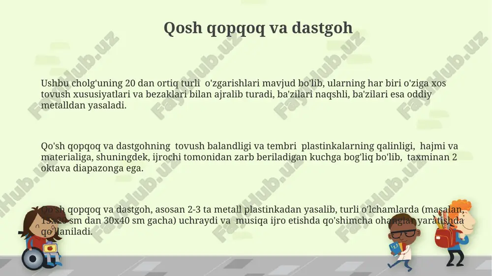 dan ortiq asosiy turi mavjud boʻlib, ularning har biri turli mintaqalarda oʻziga xos oʻzgartirishlarga ega. oʻzbek milliy cholgʻulari orasida kamida 30 dan ortiq turli xil torli, nafasli va zarbli cholgʻular mavjud boʻlib, ularning har biri oʻziga xos ohang va ijro uslubiga ega. surnay va karnay oilasi surnay va karnay asosan yog'ochdan yasaladi, uzunligi 30 dan 70 sm gacha o'zgaradi va 6 dan 8 gacha teshikka ega bo'lib, musiqiy ijroda turli xil notalarni chiqarish imkonini beradi. surnay va karnay oilasiga 3 dan ortiq turli o'lchamdagi cholg'ular, masalan, katta va kichik surnay, karnay va boshqalar kiradi, ularning har biri o'ziga xos tembr va diapazonga ega. ushbu cholg'ularning tovushlari juda baland va kuchli bo'lib, an'anaviy uzbek musiqasida, ayniqsa, bayram tadbirlarida va marosim musiqalarida faol qo'llaniladi, ularning repertuarida 20 dan ortiq asar mavjud. nafasli cholgʻular nay, surnay, karnay kabi 3 asosiy turdagi nafasli cholgʻularning oʻziga xos ohanglari va ijro texnikalari mavjud boʻlib, ularning har …