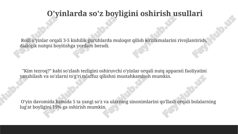 bosqichi, ya’ni 3-5 yosh, 6-7 yosh yoki undan kattaroq guruhlarga ajratish va shunga mos ravishda o'yin murakkabligini tanlash muhim. o'yinlarni tashkil etish va o'tkazish metodikalari o'yinlarda kamida 4-6 nafar bola ishtirok etishi, guruhlarga bo'linish va hamkorlikni rivojlantirishga yo'naltirilgan vazifalar berish orqali ijtimoiy nutq ko'nikmalarini shakllantirishga yordam beradi. katta yoshdagi (6-7 yosh) bolalar uchun o'yinlar murakkabroq bo'lishi, 15-20 minut davom etishi va rol o'ynash, dialoglar, hikoya tuzish kabi elementlarni o'z ichiga olishi kerak. nutqni faollashtiruvchi savollar qo'llash tavsiya etiladi. o'yinlarni 3-5 yoshli bolalar uchun moslashtirishda sodda qoidalar va qisqa davomiylik (5-10 minut) muhim, shuningdek, harakatlarni takrorlash orqali nutqni rivojlantirishga e'tibor qaratish lozim. milliy va faol o'yinlarning nutq rivojiga ta'siri faol o'yinlarda, jumladan, "qarg'a uchdi", bola o'z fikrini ifoda etish, grammatik tuzilmalarni qo'llash va nutq tezligini nazorat qilishni o'rganadi. taxminan 5-7 yoshli bolalar uchun "o'yinchoqlar do'koni" rolli o'yini kabi milliy va faol o'yinlar dialogik nutqni rivojlantirishda muhim rol o'ynaydi, lexikani boyitadi. milliy …