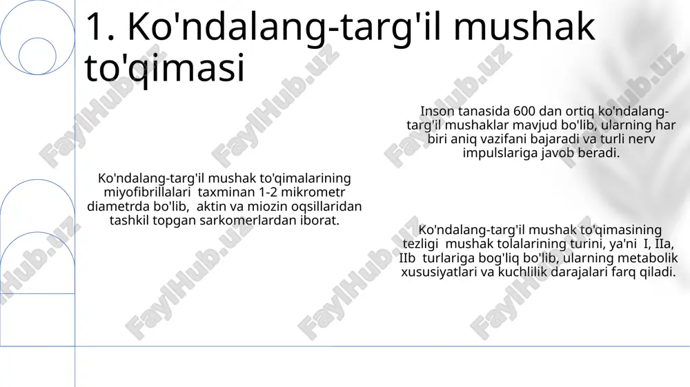 azalarining qon plazmasidagi konsentratsiyasini 5-10 baravar oshirishi mumkin, bu esa mushak shikastlanishiga ishora qiladi. mushak charchoqining asosiy sabablaridan biri – elektrolitlarning, xususan kaliy va kaltsiyning mushak hujayralarida muvozanatining buzilishi hisoblanadi. 7. mushaklarning kuchlanishi va charchoq mushaklarning qisqarishi va boʻshashishi natijasida qon aylanishi yaxshilanadi, bu esa organizmning 37°s atrofida issiqlik balansi saqlanishiga hissa qoʻshadi. mushaklar tananing 600 dan ortiq suyaklarini harakatga keltirib, skelet sistemasi bilan birgalikda harakatni ta’minlaydi, bu esa turli faoliyatlarni bajarishga imkon beradi. mushaklar nafaqat harakatni ta’minlaydi, balki ichki organlarning (masalan, yurak, oshqozon) faoliyatini ham boshqarib, 24/7 ishlashiga yordam beradi. 8. mushaklarning asosiy funksiyalari mushak fibrozisi, 30-40 yosh oraligʻida koʻproq uchraydi, mushak toʻqimasining biriktiruvchi toʻqima bilan almashinishi bilan tavsiflanadi, bu esa mushaklarning qattiqlashuviga va harakatlanishning cheklanishiga olib keladi. mushak distrofiyasi, 90 dan ortiq turga ega boʻlib, progressiv mushak zaiflashuvi va degeneratsiyasi bilan tavsiflanadi, bu esa bemorlarda harakatlanish qobiliyatining pasayishiga olib keladi. miozitlar, mushak yalligʻlanishi, virusli infektsiyalar, avtoimmun kasalliklari yoki …