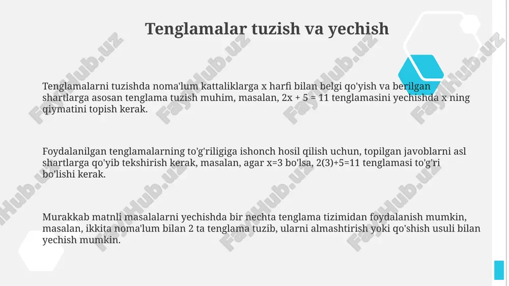 dim etish va tahlil qilishda samarali hisoblanadi. muammoning shartlarini 2 o'lchovli koordinata sistemasida nuqtalar bilan ifodalash orqali, chiziqli tenglamalar sistemasini grafik usulda yechish imkoniyati mavjud bo'lib, bu 5-10 ga yaqin masalalarni bir vaqtda hal qilishga imkon beradi. grafik usullar, masalan, ustun diagrammalar yordamida 2-3 ta noma’lum kattaliklar orasidagi munosabatlarni aniq va tushunarli tarzda ifodalashga yordam beradi, bu muammoning yechimini soddalashtiradi. e'tiboringiz uchun rahmat @taqdimot_robot