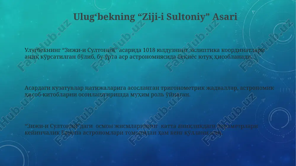 ronomik jadvali 1000 yildan ortiq davom etgan va uning aniqligi bilan mashhur boʻlgan, unda quyosh, oy va sayyoralar harakatining murakkab hisob-kitoblari keltirilgan. ulugʻbek samarqandda 1420-yilda qurilgan va dunyodagi eng katta astrolyabiyaga ega boʻlgan ulkan rasadxonani qurdirdi, bu yerda 1000 dan ortiq yulduzning koordinatalari aniqlangan. ulugʻbek rasadxonasi va ilmiy yutuqlari ulugʻbek rasadxonasida quyosh yili uzunligini 365 kun 5 soat 49 daqiqa 15 soniya deb hisoblashgan boʻlib, bu zamonaviy hisob-kitoblarga juda yaqin natija hisoblanadi. ulugʻbek rasadxonasida 1000 dan ortiq yulduzning koordinatalari aniqlanib, “ziji-i sultoniy” deb nomlangan astronomiya jadvali tuzilgan boʻlib, u oʻsha davr uchun eng aniq astronomik maʼlumotlar bazasi hisoblangan. rasadxona oʻzining ulkan sexstantlari va boshqa murakkab astronomik asboblari bilan mashhur boʻlib, diametri 40 metrga yetgan ulkan kvadranti yordamida oʻta aniq kuzatishlar olib borilgan. xulosa va muhokama ulug'bekning astronomiyaga 1000 dan ortiq yulduzni katalogizatsiya qilishga bag'ishlangan ishlari "ziji jadid"da hamda uning mukammal matematik hisob-kitoblarida aks etgan. ulug'bekning samarqanddagi observatoriyasi 1420 yillarda qurilgan …