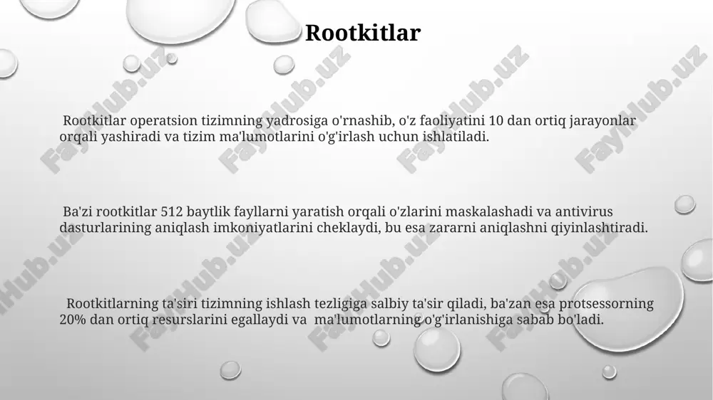 va ularni uchinchi shaxslarga sotadigan bo'lishi mumkin. spyware spywarening ta'siri juda katta bo'lishi mumkin, chunki u shaxsiy ma'lumotlarning o'g'irlanishiga, moliyaviy yo'qotishlarga va hatto identifikatsiya o'g'irlanishiga olib kelishi mumkin va bu odatda 1000 dan ortiq foydalanuvchiga ta'sir qiladi. spyware turli xil yo'llar bilan, masalan, firibgar veb-saytlar orqali yoki elektron pochta orqali yuborilgan zararli ilovalar orqali kompyuterga kirib olishi mumkin va foydalanuvchi faoliyatini kuzatib, shaxsiy ma'lumotlarni o'g'irlashi mumkin. ba'zi spyware turlari, masalan, keyloggerlar, klaviaturadagi urishlarni yozib olib, parol va kredit karta ma'lumotlari kabi sezgir ma'lumotlarni o'g'irlaydi va bu ma'lumotlarni uchinchi shaxslarga yuboradi. viruslar viruslarning turli xil turlari mavjud, jumladan, fayl viruslari, yuklovchi viruslari (boot sector viruslari) va makro viruslari, ularning har biri turli xil usullar orqali zarar yetkazishi mumkin va ularga qarshi turli himoya choralari qo'llanilishi kerak. ba'zi viruslar, "polymorphic" deb ataluvchi, o'zlarining kodlarini doimiy ravishda o'zgartirib, antivirus dasturlaridan qochishga harakat qiladi, bu esa ularni aniqlashni qiyinlashtiradi va yuqori darajadagi ekspertlarni talab …