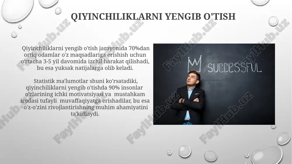 ni qo'lga kiritdi. yaratganlik va innovatsiya innovatsion yondashuvlarni joriy etish orqali ishlab chiqarish samaradorligini 25% ga oshirgan korxonalarning misollari, mehnat samaradorligi va iqtisodiy o'sishning asosiy omillarini ko'rsatadi. yaratilgan 100 dan ortiq innovatsion texnologiyalar bilan dunyo bozorida o'zining etakchi o'rnini egallagan kompaniyalarning muvaffaqiyat tarixi, raqobatbardoshlik va sabotliligini ko'rsatadi. o'ziga ishonish oʻziga ishonchli shaxslar 5 barobar koʻproq imkoniyatlarni qoʻlga kiritadi va 3 barobar yuqori maoshli lavozimlarga ega boʻlishadi. oʻziga ishonch, psixologik jihatdan mustahkamlikni ifodalaydi va stressga chidamlilikni 40% ga oshiradi, natijada uzoq muddatli maqsadlarga erishish ehtimoli yuqori boʻladi. sabr-toqatning mevalari sabr-toqatning mevalari ko'plab tarixiy shaxslarning hayotida, xususan, 10 yildan ortiq davom etgan izchil mehnat natijasida yuksak martabalarga erishishlari misolida yaqqol ko'rinadi. o'zbek xalqining madaniyati va adabiyotida sabr-toqat tushunchasiga 30 dan ortiq maqol va iboralar bag'ishlangan bo'lib, bu uning ahamiyatini ta'kidlaydi. bilimlarni egallash "bilimlarni egallash" jarayonida o'rtacha 10 000 soatlik mashg'ulotlar muvaffaqiyatga erishish uchun zarur deb hisoblanadi, bu esa 10 yildan ortiq muntazam …