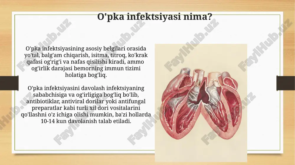 g shikastlanishiga va davolashning murakkablashishiga olib keladi. davolashning samaradorligi uchun minimal 6 oylik davolanish kursi talab etiladi, bu davrda bemorlar bir necha turdagi antibiotiklarni, masalan, izoniazid, rifampitsin va pyrazinamidi muntazam ravishda qabul qilishlari kerak. o'pka abssessi o'pka abssessi, o'pkaning bir qismida yiring to'planishi bilan tavsiflanadi va ko'pincha 5 dan 10 sm gacha o'lchamlarga yetishi mumkin, bu esa jiddiy nafas olish muammolariga olib kelishi mumkin. o'pka abssessi diagnostikasi ko'krak qafasi rentgenografiyasi, kt tekshiruvi va balg'am madaniyatini o'z ichiga oladi, 90% dan ortiq hollarda bakterial infektsiyalar sabab bo'ladi. o'pka infektsiyasini tashxislash o'pka infektsiyasining turini aniqlash va davolash rejasini tuzish uchun balg'amni mikroskopik tekshiruvi va bakteriyalarni aniqlash uchun madaniy tekshiruv o'tkazish juda muhim, bu jarayon taxminan 2-5 kun davom etadi. qon tahlillari, masalan, leykotsitoz (oq qon tanachalari sonining ko'payishi) yoki c-reaktiv oqsil darajasining oshishi kabi, o'pka infektsiyasining mavjudligini aniqlashda yordam beradi, ammo o'z-o'zidan yetarli emas. virusli pnevmoniya virusli pnevmoniya diagnostikasi ko'krak qafasi rentgenogrammasi …
