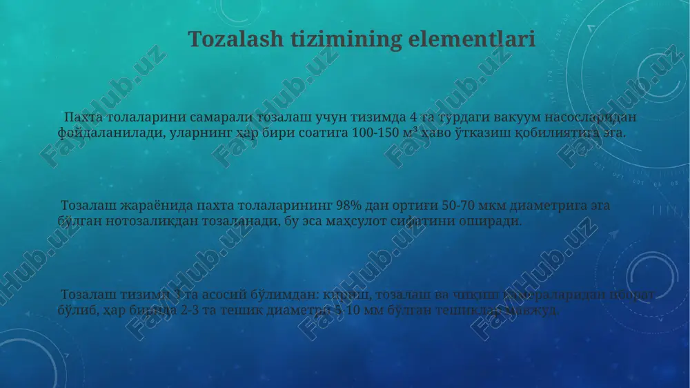bo'lgan chang va begona moddalarni olib tashlashni o'z ichiga oladi. 3-bosqich, paxta tolalarining namligini tartibga solishni o'z ichiga oladi, bu esa keyingi jarayonlarda, ya'ni 5-10% namlik darajasiga yetkazishda muhim ahamiyatga ega. 2-bosqichda, paxta tolalarini ajratish va tozalash uchun 30 ga yaqin metall tishlardan tashkil topgan maxsus taroqlar qo'llaniladi, bu esa tola sifatini yaxshilaydi. asosiy mexanizmlar va ularning vazifalari mashinaning samaradorligini oshirish uchun 10 kvt quvvatli asosiy elektr dvigateli va uning qisqa vaqt ichida ishlashga mo'ljallangan 2000 soniyalik ish tsikli mavjud. paxtani sirtidagi chang va kichik qoldiqlarni yo'qotish uchun 3 ta turli diametrdagi elektr haydovchi tishlar bilan jihozlangan vibratsion elektr dvigateli qo'llaniladi. mxl-2 paxta tozalash mashinasidagi asosiy mexanizmlardan biri - 2500 ob/min tezlikda aylanadigan baraban, u paxtani tashqi kirlardan ajratish va tozalash funktsiyasini bajaradi. texnik xususiyatlari va parametrlari mashinaning elektr energiyasi iste'moli 30 kvt bo'lib, ish unumdorligini oshirish uchun tezlikni 1500-2500 rpm gacha boshqarish mumkin. bu parametrlar energiya tejovchi texnologiyani ko'rsatadi. …