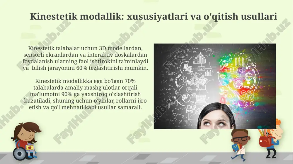 beradigan, kamida 3 ta turli xil o'quv dasturlarining ta'sirini o'rganish bo'yicha 2 yillik izlanishlar muhim ahamiyatga ega. kognitiv uslublarni aniqlash uchun yangi texnologiyalar, masalan, eeg va fmri dan foydalanish bilan bog'liq tadqiqotlarning rivojlanishi istiqbolli yo'nalish hisoblanadi. talabalarning modalligiga moslashgan o'qitish strategiyalari talabalarni 70% koʻrish, 20% eshitish va 10% kinestetik modalligi ustun kelishiga qarab, mos ravishda vizual, auditoriy va kinestetik oʻquv materiallaridan foydalanish samarali. oʻquv jarayonida kamida 3 xil modallikka murojaat qilish, masalan, interaktiv taxtalar, audio yozuvlar va amaliy mashgʻulotlarni birlashtirish orqali, oʻzlashtirish darajasini 40% ga oshirish mumkin. aralash modallik: xususiyatlari va o'qitish usullari aralash modallik o'quvchilarida ma'lumotni saqlash va eslab qolish jarayonlarida 30% ga yuqori samaradorlikka erishish uchun turli xil o'quv texnologiyalari va interfaol usullardan foydalanish muhim ahamiyatga ega. o'qituvchilar aralash modallikka ega o'quvchilar uchun 2 dan ortiq turdagi darsliklar, vizual qo'llanmalar, audio materiallar va amaliy mashg'ulotlardan iborat bo'lgan diversifikatsiyalangan o'quv muhitini yaratish orqali 15% ga o'rtacha bilimlarini oshirishi mumkin. …