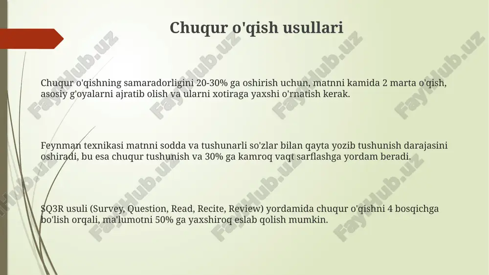 di. o'qish tezligini oshirish uchun har kuni kamida 15-20 daqiqa muntazam ravishda mashq qilish, matnni skannerlash va kalit so'zlarni aniqlash kabi texnikalarni qo'llash muhim ahamiyatga ega. chuqur o'qish nima? ushbu uslub, 70% dan ortiq ma'lumotni eslab qolish imkonini beradi, bu esa odatiy o'qishdagi 20-30% ga nisbatan ancha yuqori ko'rsatkich hisoblanadi va mustahkam bilim asosini yaratadi. chuqur o'qishda, matn bilan faol ishlash, ya'ni annotatsiya yozish, asosiy fikrlarni ajratish, savollar berish va javoblarni topish kabi 5-7 ta turli texnikalar qo'llaniladi. chuqur o'qish, matnni 1-2 marta emas, balki 3-5 marta yoki undan ko'p marta qayta-qayta o'qish orqali uning mohiyatini chuqur anglash va fikrlarni tahlil qilish jarayonini o'z ichiga oladi. e'tiboringiz uchun rahmat @taqdimot_robot