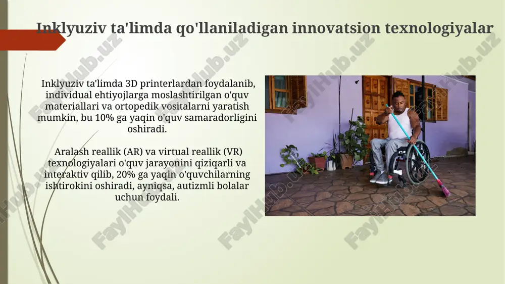 rning qo‘llanilishini muhokama qilish orqali oilaviy hamkorlikni mustahkamlash mumkin. inklyuziv ta'limdagi muammolar va ularning yechimlari inklyuziv ta'limda o'quvchilarning 70% gacha sog'lom tengdoshlaridan farqli o'quv materiallariga ehtiyoj sezadi, shuning uchun moslashtirilgan resurslar va qo'llab-quvvatlovchi texnologiyalarni yetkazib berish muhim ahamiyat kasb etadi. maktablarning 25% da inklyuziv ta'lim uchun mo'ljallangan jismoniy infratuzilma yetarli emas, shuning uchun qulay kirish imkoniyati va moslashtirilgan muhit yaratish bo'yicha investitsiyalar talab etiladi. inklyuziv ta'limning asosiy tamoyillari inklyuziv ta'limda kamida 2 ta turdagi qo'llab-quvvatlash xizmatlari (individual va guruhli) ta'minlanadi, bu esa o'quv jarayoniga 100% jalb etishga yordam beradi. inklyuziv ta'limning muhim jihati – o'quv muhitini universal dizayn tamoyillari asosida tashkil etish, ya'ni 80% dan ortiq o'quvchilarning ehtiyojlarini qondiradigan moslashuvchan va o'zgaruvchan muhit yaratish. imkoniyatlari cheklangan bolalar uchun qo'shimcha yordamlar o'quv jarayonini inklyuziv qilish uchun kamida 20% o'quv dasturi moslashtirilishi va bolaning individual ehtiyojlariga moslashtirilgan maxsus mashg'ulotlar o'tkazilishi kerak. imkoniyatlari cheklangan bolalarga individual ta'lim rejasi (itr) tuzish va uni amalga …