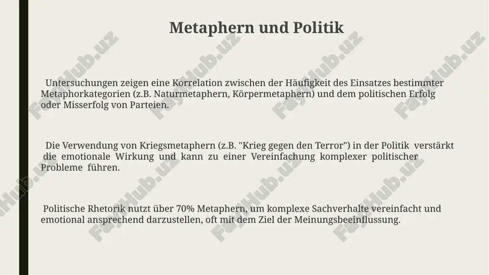 e literatur, besonders bei novalis und e.t.a. hoffmann, verwendet viele naturmetaphern (z.b. blumen, mond), die symbolisch für innere zustände stehen. goethes faust nutzt über 600 metaphern, demonstriert die vielschichtigkeit seiner sprache und seine philosophischen tiefendimensionen durch ausgefeilte bildsprache. metaphern in der alltagssprache alltagssprache nutzt ca. 20-30 metaphern pro tag unbewusst, um komplexe sachverhalte einfacher und einprägsamer zu vermitteln, was die kognitive verarbeitung erleichtert. der anteil an metaphern in der gesprochenen alltagssprache ist signifikant höher (über 50%) als in schriftlichen texten, was auf deren spontaneität und situative kontextgebundenheit hindeutet. metaphorische ausdrücke wie "berg an arbeit" oder "zeit ist geld" strukturieren unsere wahrnehmung und basieren auf konzeptuellen metapherntheorien, die mindestens 4 verschiedene semantische ebenen umfassen. metapher und vergleich: gemeinsamkeiten und unterschiede während sowohl metaphern als auch vergleiche auf analogien beruhen, besitzen metaphern einen höheren grad an kreativität und können unerwartete und überraschende bedeutungsassoziationen hervorbringen. vergleiche sind syntaktisch einfacher zu identifizieren als metaphern, …