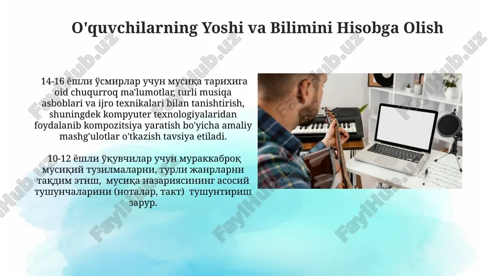 n ortiq virtual asboblar va effektlarni taqdim etadi, bu esa talabalarga turli xil janr va uslublarni o'rganish imkonini beradi. onlayn musiqa platformalari orqali 1000 dan ortiq musiqiy asarlar va ta'lim materiallariga kirish mumkin, bu esa talabalar uchun kengroq musiqiy bilimlar omborini yaratadi. dars rejasini rejalashtirish bosqichlari dars rejasini ishlab chiqishning 3 bosqichi: maqsad va vazifalarni aniqlash (1-bosqich), o'quv materiallari va usullarini tanlash (2-bosqich), baholash mezonlari va natijalarni kuzatish (3-bosqich)ni o'z ichiga oladi. kompyuter texnologiyalarini qo'llashda 5 ta asosiy dastur: notalarni yozish dasturlari, audio tahrirlash dasturlari, midi-sekvenserlar, virtual asboblar va musiqiy ta'lim platformalarini tanlash muhim. musiqa madaniyatining turli aspektlari musiqa madaniyatining turli janrlari, masalan, 10 ta asosiy janrni o'rganish, ularning tarixiy rivojlanishi va zamonaviy ijodkorlarning ta'siri haqida batafsil ma'lumot beradi. musiqiy asboblarning 5 ta asosiy turini o'rganish, ularning musiqa madaniyatidagi o'rni va texnik jihatlarini tushunish, shuningdek, ularning ijrosiga oid amaliy mashqlarni o'z ichiga oladi. texnologiyalardan foydalanishning afzalliklari interaktiv dasturlar orqali 50 …