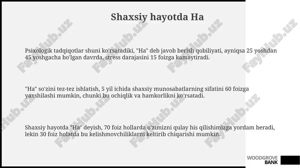 i, shu bilan daromadlilikni oshiradi. woodgrove bank ha ning kuchi "ha" so'zi 0 dan 1 gacha bo'lgan mantiqiy qiymatni aks ettiradi va dasturlashda shartli operatorlar bilan ishlayotganda 2 xil natija - rost yoki yolg'onni belgilaydi. sotsiologiyada "ha" javobi 75% hollarda ma'lum bir guruhning qadriyatlari va e'tiqodlariga mos kelishini ko'rsatishi mumkin, bu esa 5 daqiqada guruh bilan bog'liqlikni kuchaytiradi. ha ning kuchi, ayniqsa, ijobiy tasdiqlar orqali, 100 ga yaqin psixologik tadqiqotlarga ko'ra, o'ziga ishonchni oshirishi va maqsadlarga erishishga yordam berishi mumkin. woodgrove bank ha: kelajak sari "ha: kelajak sari" loyihasi 2024-yilda boshlangan bo'lib, yoshlarning it sohasidagi kompetensiyalarini 360 gradusga oshirish maqsadida 100 dan ortiq o'quv kurslarini taklif etadi. ushbu tashabbus doirasida 7 ta asosiy yo'nalish bo'yicha, jumladan, dasturlash, dizayn va raqamli marketing bo'yicha bepul ta'lim olish imkoniyati yaratilgan, 5000 dan ortiq talaba qamrab olingan. "ha: kelajak sari" 2030-yilgacha 15000 nafar mutaxassisni yetishtirishni rejalashtirgan bo'lib, buning uchun 20 milliard so'm investitsiya jalb …