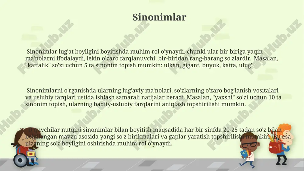 maʼnosi aniqlab berilgan. soʻzning 2-3 ta maʼnosi boʻlsa, asosiy maʼnosi birinchi oʻrinda beriladi. ma'nodosh soʻzlar o'zbek tilida 200 dan ortiq uyadosh so'zlar mavjud. ulardan 100 tasi faqat bir ma'noni ifodalasa ham, yana 100 tasi bir necha ma'noga ega. "ona tili" darsligida asosiy ma'nodosh soʻz bilan uning 3-5 ta uyadoshi taqdim etiladi. ma'nodosh soʻzlarning ma'no jihatdan yaqinligi ularning sinonimik qatorlarda birgalikda qoʻllanilishi bilan belgilanadi. masalan, katta, ulkan, gigant, buyuk, ulugʻ kabilar sinonimik qatorni tashkil qilib, ularning har biri biror predmetning kattaligini ifodalashi bilan birgalikda qoʻllaniladi. "ma'nodosh soʻzlar"ning izohli lug'atida asosiy so'z - umumiy ma'no ifodalovchi soʻz ro'yxatning boshida, keyin esa boshqa so'zlar asosiy so'zga nisbatan sharhlanadi. masalan, yuzning ma'nodoshlari: bet, aft, bashara, chehra, jamol, diydor, oraz, uzor, ruxsor kabi so'zlarni jamlash mumkin. paronimlar paronimlarni oʻrgatishda soʻzlarning ma'nosi va imlosi ustida ishlash orqali oʻquvchilarning soʻz boyligini oshirish, ularning nutqiy malakalarini rivojlantirishga erishish mumkin. masalan, 5-sinfda 20 dan ortiq paronim ustida ishlash oʻrinlidir. …