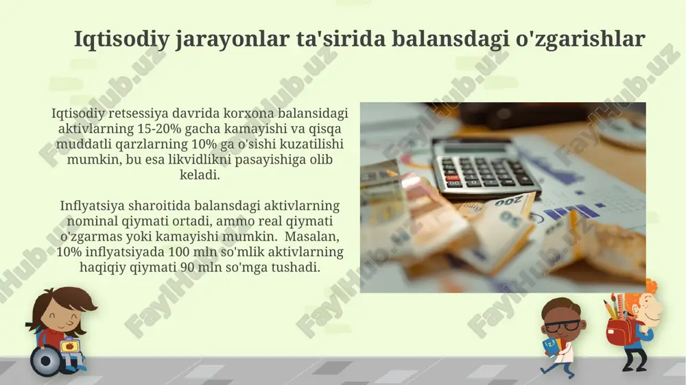 bu esa likvidlik nisbatlariga ta'sir qiladi. qo'shilgan qiymat solig'i (qvsh) to'lovlari balansning qisqa muddatli majburiyatlar qismini oshirib, kompaniyaning qisqa muddatli likvidligini pasaytiradi. bankrotlik xavfi iqtisodiy tanazzul sharoitida, ayniqsa, yalpi ichki mahsulotning 2% dan ortiq pasayishi bilan bankrotlik xavfi keskin ortadi, bu esa aktivlarning likvidligini pasaytiradi. kredit reyting agentliklari tomonidan berilgan "b-" dan past reytinglar, bankrotlik ehtimolini 30% dan yuqori ko'rsatadi va moliyaviy qiyinchiliklarni bildiradi. tarmoq dinamikasi ta'minot zanjiridagi uzgarishlar, masalan, xomashyo narxlarining 15% ga oshishi, korxonaning aktivlaridagi tovar zaxiralarining oshishiga va shunga yarasha qisqa muddatli majburiyatlarning oshishiga olib kelishi mumkin. foiz stavkalarining 2% ga pasayishi, korxonaning qarz olish imkoniyatlarini yaxshilaydi, natijada uzoq muddatli majburiyatlar oshishi va aktivlarning ko'payishi kuzatiladi. global iqtisodiyotning ta'siri jahon iqtisodiyotining sustlashuvi korxonalarning aktivlarini 15-20% ga kamaytirishi va qisqa muddatli majburiyatlarning o'sishiga (5-10%) olib kelishi mumkin, bu esa likvidlikni pasaytiradi. yuqori inflyatsiya sharoitida korxonalar inventarizatsiya qiymati va kreditorlar qarzdorligi o'rtasidagi farqni ko'payishi bilan bog'liq balansa o'zgarishlarini boshdan …
