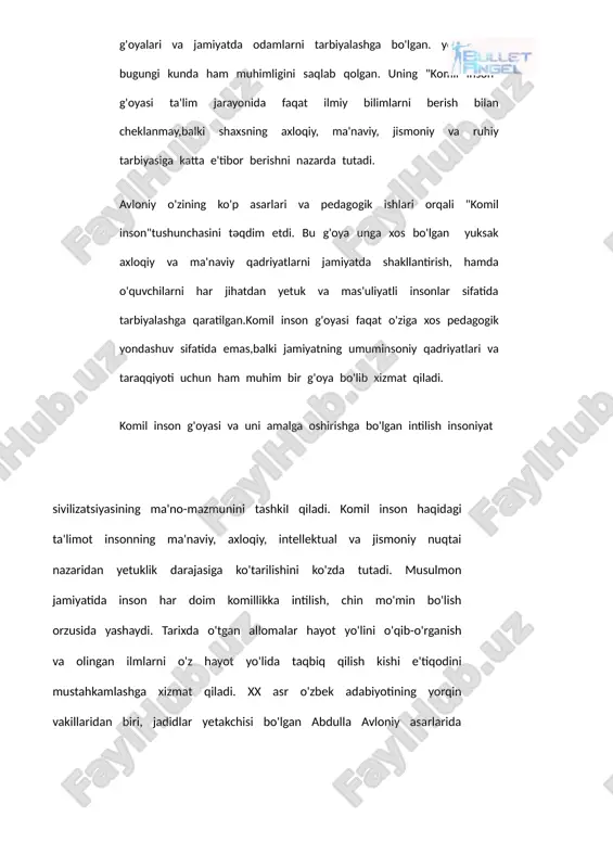 ivojiga ham xizmat qiladigan darajada amalga oshirishdir.komil insonning ilmiy faoliyati davomli, izchil va keng ko'lamli bo'lishi kerak. avloniy, ta'lim jarayonida o'quvchilarga ilmni sevdirish va ilmga bo'lgan muhabbatni shakllantirishga alohida e'tibor qaratgan. u ilmli shaxsning jamiyatda hurmatga sazovor bo'lishini va ilm-fan orqali jamiyatning rivojlanishiga hissa qo'shishini ta'kidladi. komil insonning axloqiy fazilatlari komil insonning axloqiy fazilatlar ham uning shaxsiy rivojlanishida muhim rol o'ynaydi. avloniy komil insonni vijdonli, halol, adolatli,hamdard va mehribon deb ta'riflaydi. u, shuningdek, insonlarning axloqiy qadriyatlariga bo'lgan hurmatni, yaxshi niyatlarni va pokiza fikrlarni rivojlantirishni muhim deb hisoblagan. avloniy axloqiy tarbiyani jamiyatning o'zgarishi va taraqqiyoti uchun zarur deb bilgan. axloqiy toza shaxslar jamiyatni yaxshilashga, uni adolatli qilishga yordam beradi. komil insonning axloqiy fazilatlari faqat o'ziga xizmat qilmaydi, balki butun jamiyatning taraqqiyotiga xizmat qiladi. komil insonning jismoniy tarbiyasi avloniyning komil inson tushunchasida jismoniy rivojlanish ham muhim o'rin tutadi. u jismoniy tarbiyani, insonning sog'lom hayoti va mustahkam jismoniy salomatligi bilan bog'laydi. komil inson …