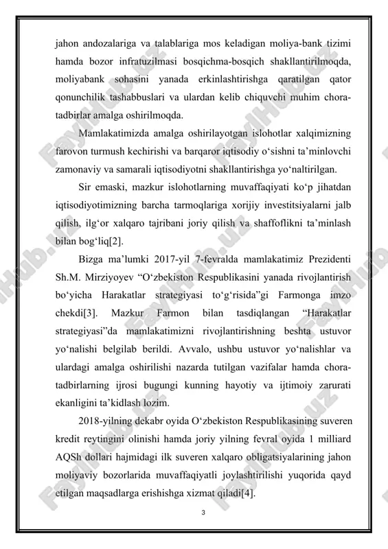 oliya institutlari va boshqa rasmiy tashkilotlar zimmasiga to‘g‘ri kelgan. bunday kreditlarning hajmi, ishlatish yo‘nalishlari va muddati cheklangan bo‘lib, ko‘p hollarda davlatga qo‘shimcha shart va majburiyatlar yuklanadi. suveren xalqaro obligatsiyalarni esa yuzlab investorlar qo‘- shimcha shart va majburiyatlar qo‘ymay sotib oldilar[5]. mamlakatimizda so‘nggi yillarda olib borilayotgan islohotlardan ham ko‘rinib turibdiki moliya bozorining korporativ tuzilmalar faoliyatidagi ahamiyatini oshirish bugungi kunda juda muhim va dolzarb hisoblanadi. mavzuga oid adabiyotlar tahlili. moliya bozorini korporativ tuzilmalar faoliyatidagi ahamiyati oshirish masalalari bo’yicha bir qator xorijiy va mahalliy olimlar o’z ilmiy-tadqiqot ishlarida atroflicha o’rganishgan. jumladan: xorijiy olimlardan sterhen a. ross, r. randolph w. westerfield, bradford d. jordan,[6] vishwanath s.r.,[7] bringham e.f.,[8] suk kim, seung h.kim,[9] john c. hull,[10] francis j. clauss,[11] s.r.vishwanath,[12] v.v.bocharov[13]larning ilmiy ishlarida tadqiq qilingan. mamlakatimiz iqtisodchi olimlaridan t.s.malikov, n.haydarov,[14] b.toshmurodova,[15] s.elmirzayevlar [16] o‘zlarining darsliklari, o‘quv qo‘llanmalari, monografiya va ilmiy ishlarida moliya bozorining korporativ tuzilmalar faoliyatidagi ahamiyati va bugungi kunda ushbu sohada yuzaga kelayotgan muammolar …