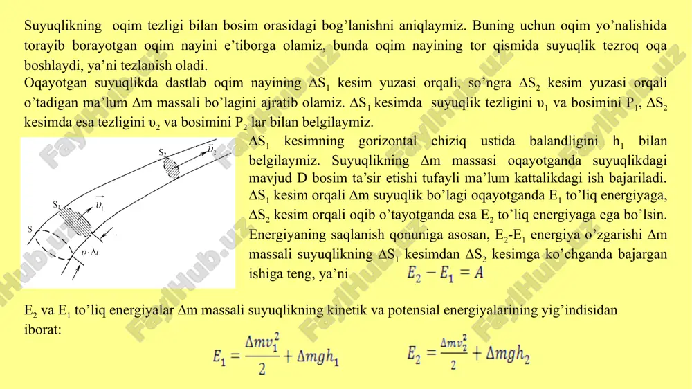 uyuqlikning oqimi bo’ylab yo’nalgan, ikkinchisi esa manfiy, chunki u suyuqlikning oqimiga qarshi yo’nalgan. u holda ga ega bo’lamiz. bu yerda va ko’chish masofasidir. e1, e2 va a kattaliklarning qiymatlarini yuqoridagi tenglamaga qo’ysak, quyidagini olamiz: lar suyuqlik massasining ∆s1 va ∆s2 kesimlarda yoki oqim uzluksizligi haqidagi teoremaga asosan, oqib o’tayotgan ∆m massali suyuqlikning hajmi o’zgarmasdir, ya’ni tenglamaning ikkala tomonini shu ∆v hajmga bo’lib, suyuqlik zichligi ρ dan iborat deb qarasak natijani olamiz. bu tenglama dastlab mashhur fizik va matematik olim daniil bernulli tomonidan olingan bo’lib, uning nomi bilan ataladi. gorizontal oqim nayi (h1=h2) uchun bernulli tenglamasi ko’rinishga ega. ∆s1 va ∆s2 kesimlar ixtiyoriy olinganligi uchun yuqoridagi tenglamani umumiy holda = const deb yozish mumkin. bu tenglamaning chap tomonidagi hadlari har xil bosimlarni ifodalaydi. p-statik bosim, - dinamik bosim va ρgh - gidravlik bosim deb ataladi. d.bernulli tenglamasi ideal suyuqlik uchun chiqarilgan. ideal suyuqlik, ya’ni ishqalanishga ega bo’lmagan suyuqlik abstrakt tushunchadan iborat. …