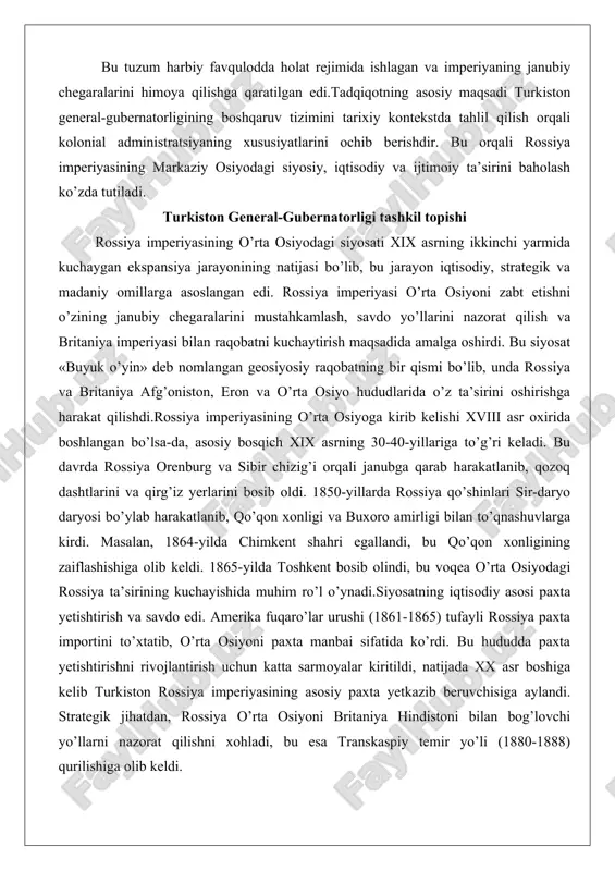 amirligi bilan to’qnashuvlarga kirdi. masalan, 1864-yilda chimkent shahri egallandi, bu qo’qon xonligining zaiflashishiga olib keldi. 1865-yilda toshkent bosib olindi, bu voqea o’rta osiyodagi rossiya ta’sirining kuchayishida muhim ro’l o’ynadi.siyosatning iqtisodiy asosi paxta yetishtirish va savdo edi. amerika fuqaro’lar urushi (1861-1865) tufayli rossiya paxta importini to’xtatib, o’rta osiyoni paxta manbai sifatida ko’rdi. bu hududda paxta yetishtirishni rivojlantirish uchun katta sarmoyalar kiritildi, natijada xx asr boshiga kelib turkiston rossiya imperiyasining asosiy paxta yetkazib beruvchisiga aylandi. strategik jihatdan, rossiya o’rta osiyoni britaniya hindistoni bilan bog’lovchi yo’llarni nazorat qilishni xohladi, bu esa transkaspiy temir yo’li (1880-1888) qurilishiga olib keldi. madaniy va diniy siyosatda rossiya mahalliy aholiga nisbatan «ignorirovanie» (e’tiborsizlik) siyosatini yuritdi, ya’ni mahalliy urf-odatlar va islomiy qonunlarni saqlab qoldi, lekin ruslashtirishni bosqichma-bosqich amalga oshirdi. bu siyosatning chuqur tahlili shuni ko’rsatadiki, rossiya imperiyasi o’rta osiyoni mustamlaka sifatida ko’rib, uni iqtisodiy resurslar manbai va strategik tampon zona sifatida ishlatdi. masalan, 1860-yillarda qo’qon xonligiga qarshi yurishlar natijasida …