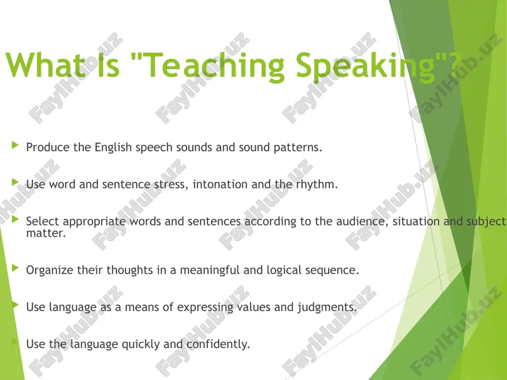 ture, film comment on a text they have read or heard make up a story of their own. the teacher supplies the pupils with “what to speak about.” e.g. “the farmer’s treasure” … teaching dialogue a conversation between 2 interlocutors. it is always situational and emotionally colored. dialogue is generally unprepared. 3 stages in teaching dialogue receptive. reproduction: immediate; delayed; modified. constructive or creative. 4 main dialogue structures: 1. question - response eg. -when did you visit your dentist? - last week. 2. statement - question e.g. – we are going to travel to crimea. - what kind of transport will you choose? 3. statement - statement e.g. – i’d like to go to the cinema on saturday. - i advise you to visit the cinema on monday or tuesday. 4. question - question e.g. – can i help you? - how can i get to the hotel? organizing communicative …