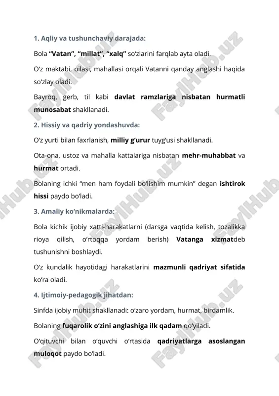 ishdir. boshlang‘ich sinf o‘quvchilarining kelgusi faoliyatiga bo‘lgan motivatsiya mashg‘ulot mavzusini aks ettiruvchi materialni ko‘rish va muhokama qilishga asoslanadi. 2-qism. asosiy asosiy qismda o‘quvchilar darsning asosiy ma’nolarini tushunish va ochib berishga yo‘naltiriladi. shu maqsadda o‘quvchilarga tasviriy materialni tahlil qilish, videolarni ko‘rish va bilishga qaratilgan savollar taklif etiladi. 3-qism. yakuniy dars g‘oyalarini umumlashtirish, mashg‘ulotga yakun yasash. dars ssenariysi dastlabki 10 daqiqada mavzuning siyosiy-ijtimoiy ahamiyati, davlat rahbari tomonidan ayni mavzuga oid amalga oshirilayotgan sa’y-harakatlar bayon etiladi (prezentatsiya). 🟦 1. kirish. motivatsion qism(10 daqiqa) oʻqituvchi: bolajonlar, tasavvur qiling: sizning oʻz koptokingiz bor. koptokingizni yaxshi koʻrasiz, maza qilib oʻynaysiz. lekin bir kuni bir kishi kelib sizga: “bu toʻp endi meniki! sen mendan soʻrab oʻynaysan! bersam, oʻynaysan, bermasam, oʻynamaysan. agar aytganimni qilmasang, toʻpni olib qoʻyaman. bildingmi?!”dedi. siz qoʻrqib, xoʻp, dedingiz. endi siz oʻz koptokingizni har kuni koʻrasiz, lekin birovdan ruxsat soʻrab, bersa, oʻynaysiz. bermasa, boshqalar uni qanday oʻynayotganini tomosha qilib oʻtirasiz. xafa boʻlasiz. bolajonlar! bu juda …